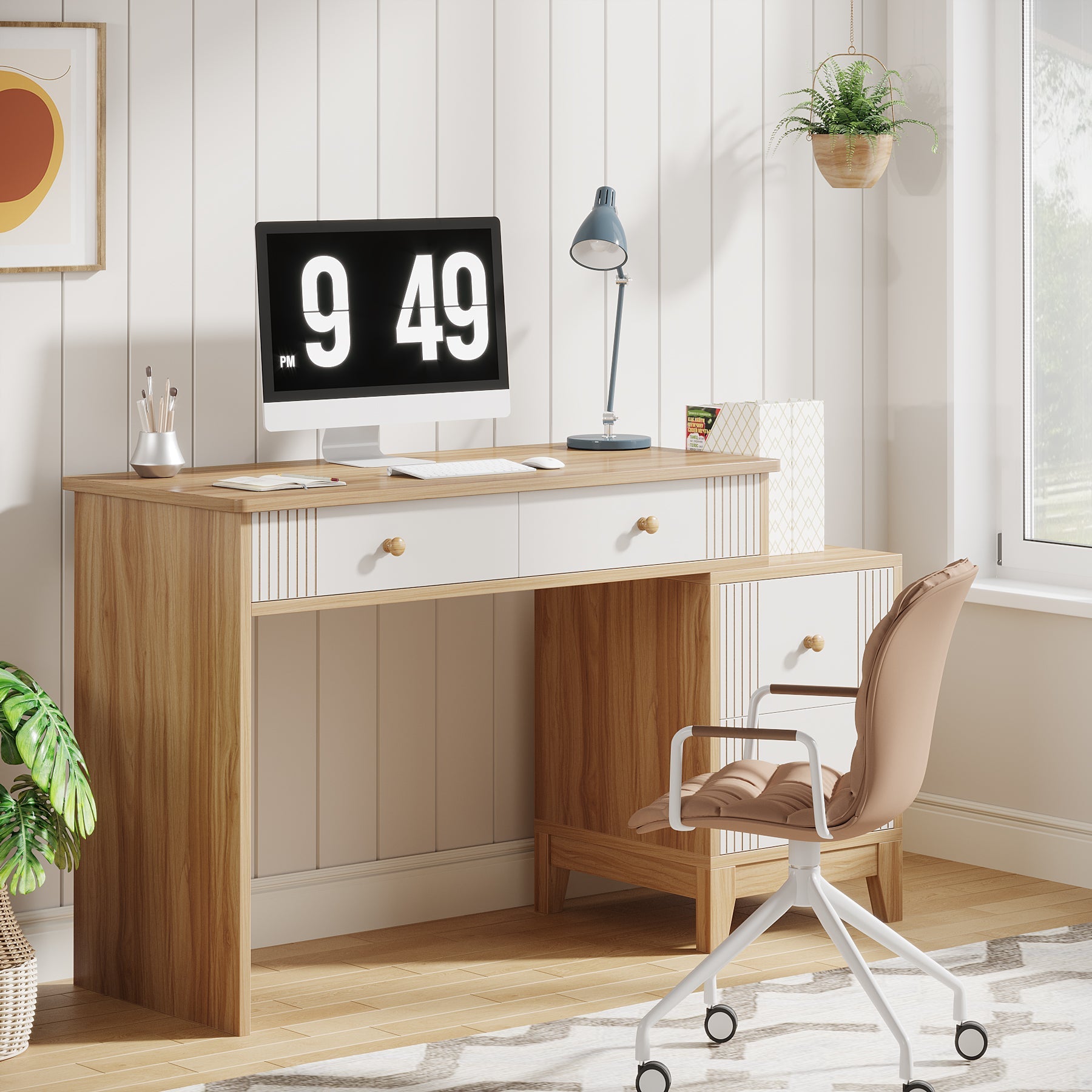 4 Drawer Wooden Computer Desk - Sturdy Study Writing Table with Storage Shelf for Home Office, Gaming & Workspace Organization