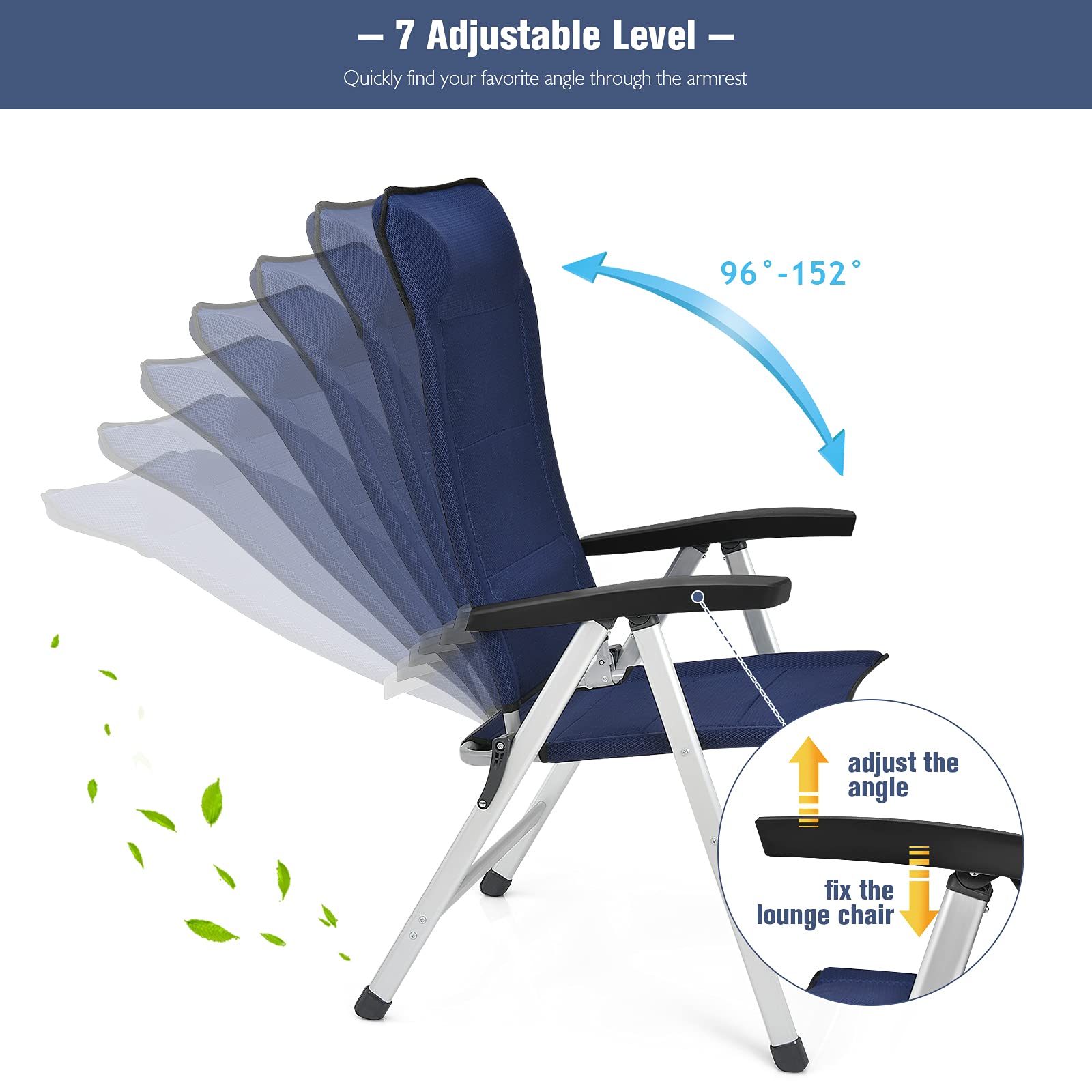 Giantex Set of 2 Folding Outdoor Patio Chairs - Adjustable High Back Recliner with Headrest & Armrests, 7-Level Camping Lawn Chairs for Porch, Balcony, Backyard & Beach - Durable & Comfortable Blue Furniture