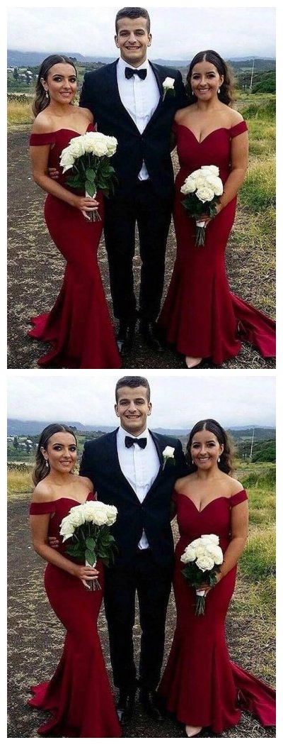Elegant Dark Red Off Shoulder Mermaid Bridesmaid Dresses - WG621 | Perfect for Weddings, Proms & Formal Events