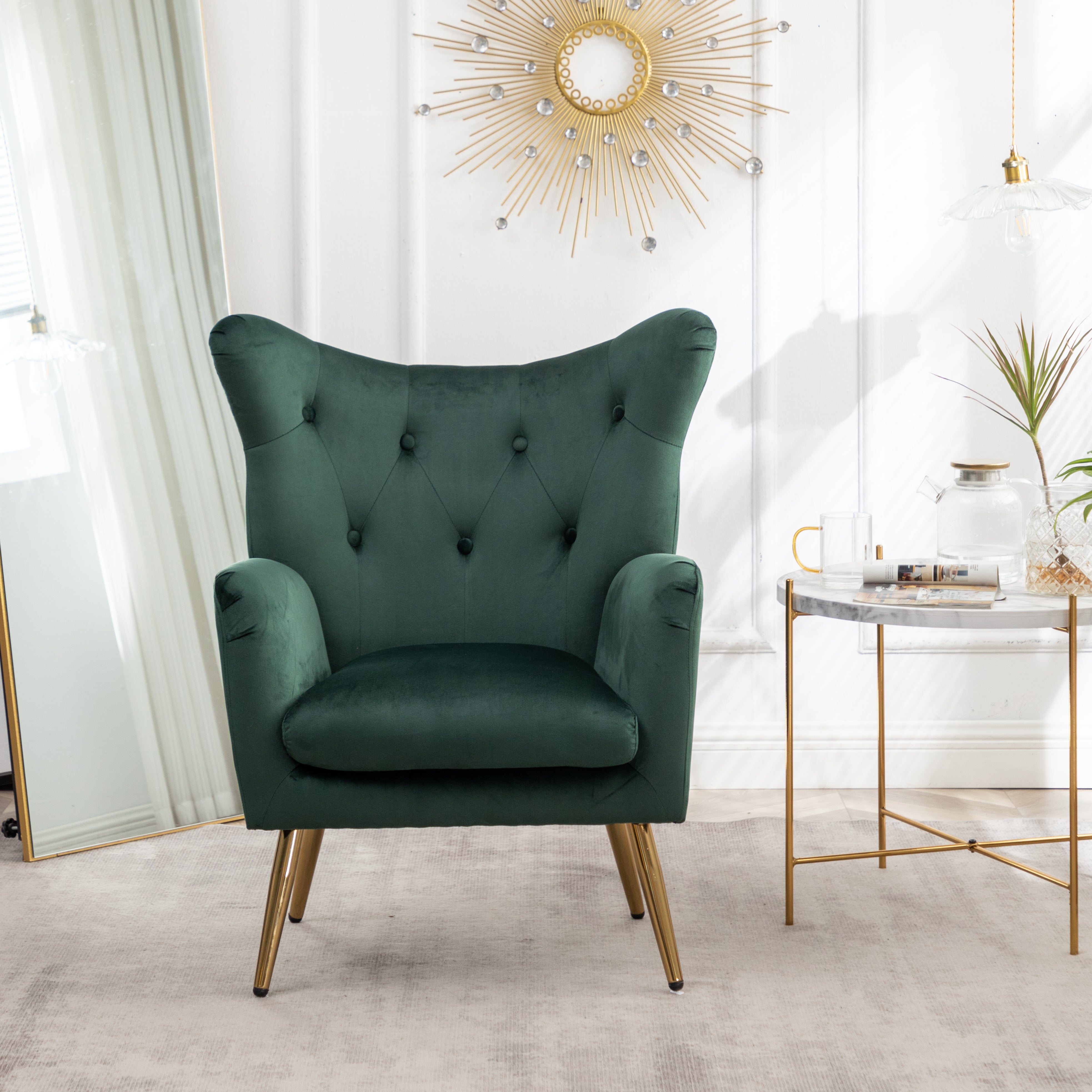 Roundhill Furniture Sovarol Velvet Button Tufted Wingback Accent Chair - Luxurious Green Velvet Upholstery for Living Room, Bedroom & Home Office Decor
