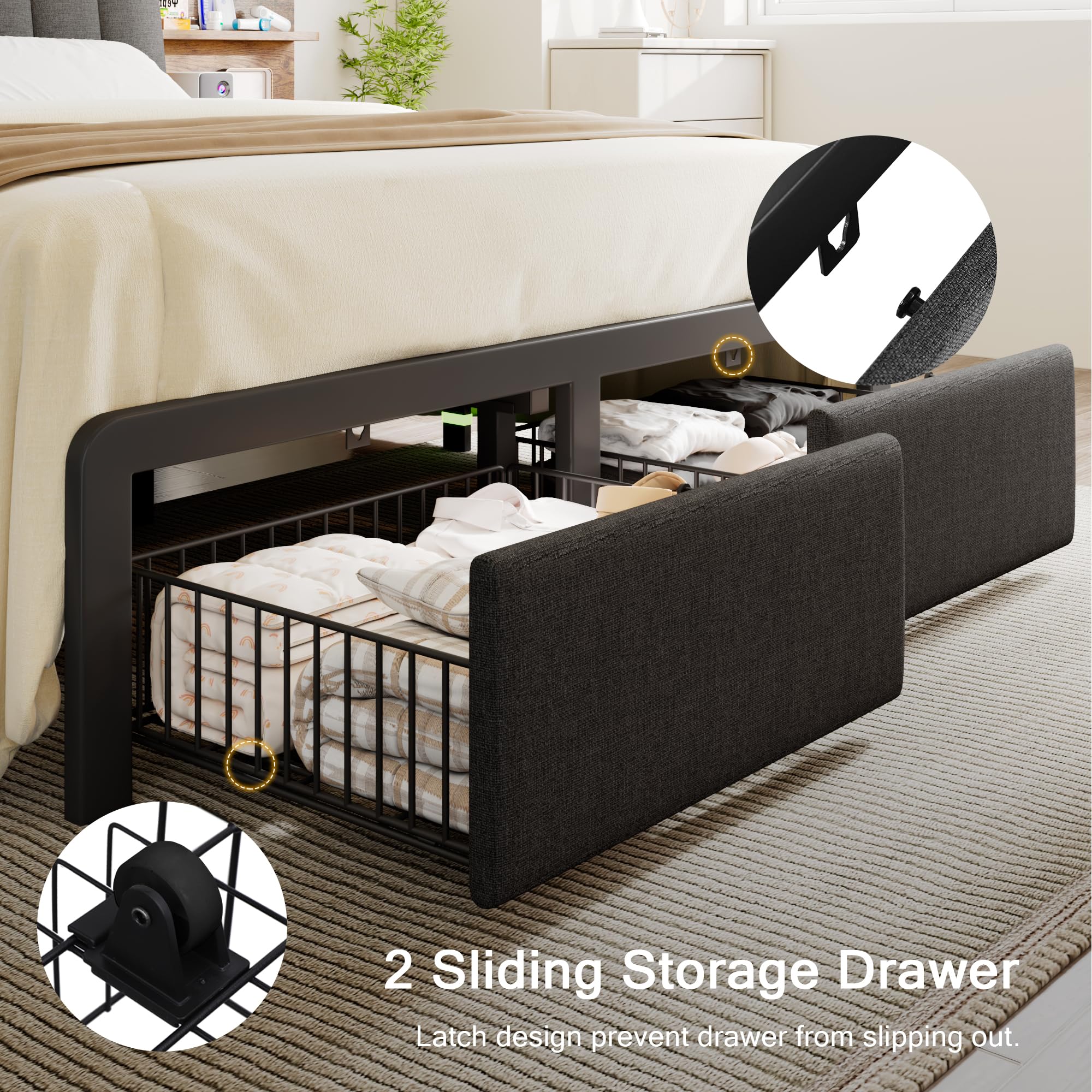 Full Size Metal Bed Frame with 2-Tier Hidden Storage & 2 Drawers - Upholstered Platform Bed with USB Charging Station, Ergonomic Headboard & Reinforced Steel Slats - No Box Spring Required, Easy Assembly - Perfect for Small Bedrooms, Guest Rooms & Modern Apartments