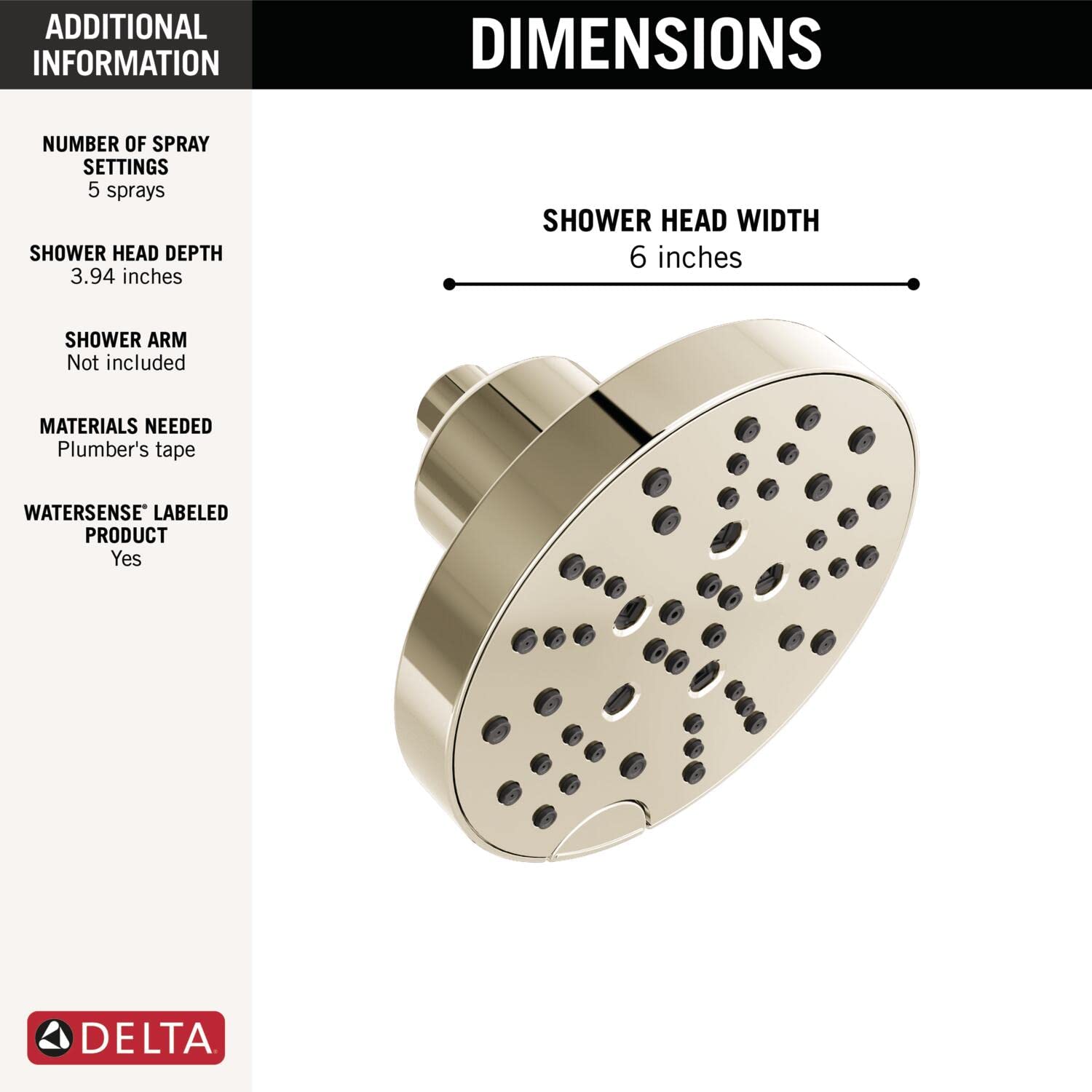 Delta 5-Spray Shower Head with H2Okinetic Technology - Polished Nickel Raincan Shower Head - 1.75 GPM Water Saving - Round Design for Modern Bathrooms - Perfect for Spa-Like Shower Experience at Home