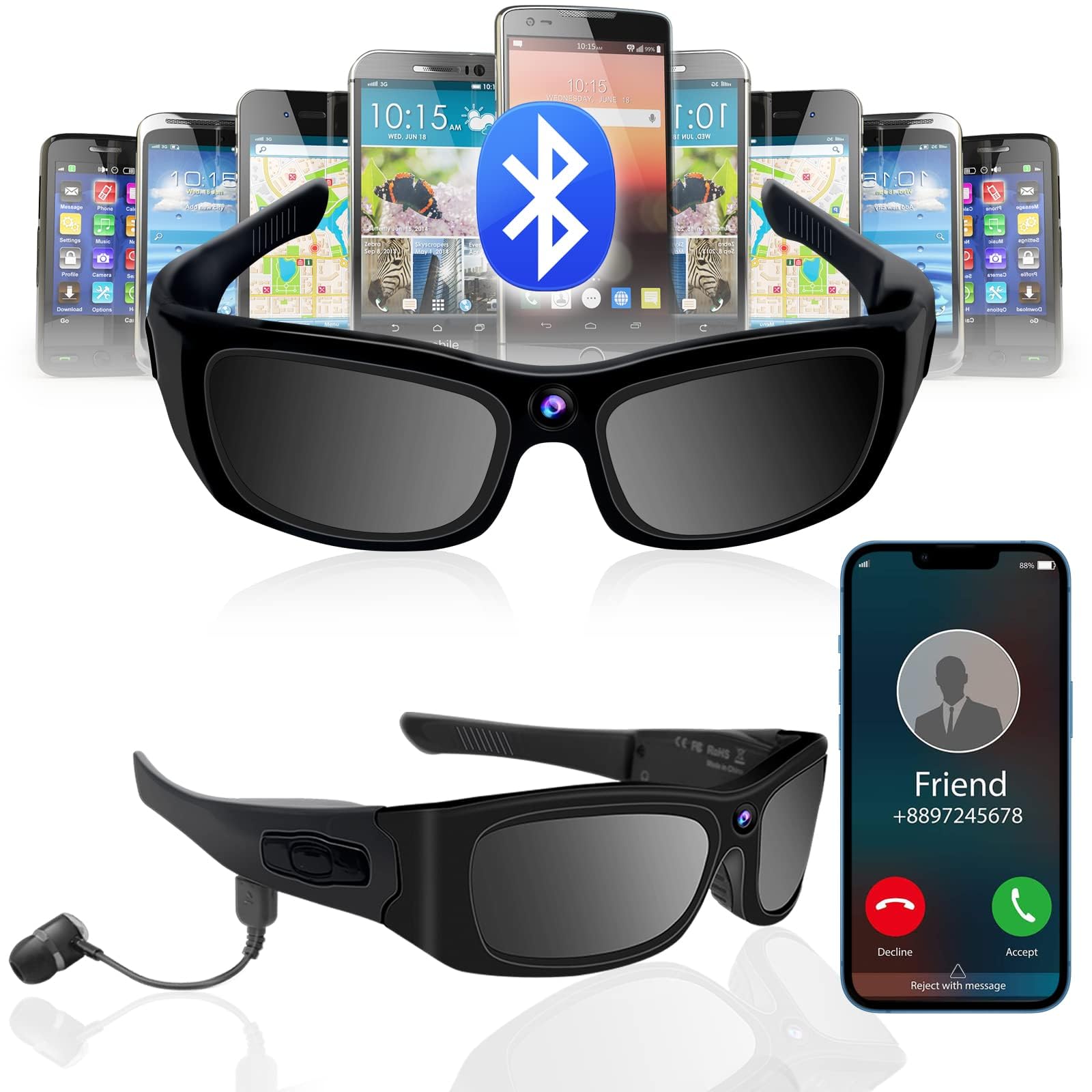 HD 1080P Bluetooth Sunglasses Camera with Loop Recording - Sports Video Camera Glasses with Built-in Earphones for Cycling, Running & Outdoor Activities | Perfect for Adventure Vlogging and Hands-Free Recording