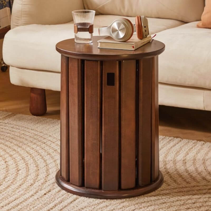 Minimalist Solid Color Utility Stool with Midnight Black/Auburn/Natural Finish - Stackable Drum Base & Natural Wood Seat - Perfect as Side Table, Bedside Stool or Living Room Accent