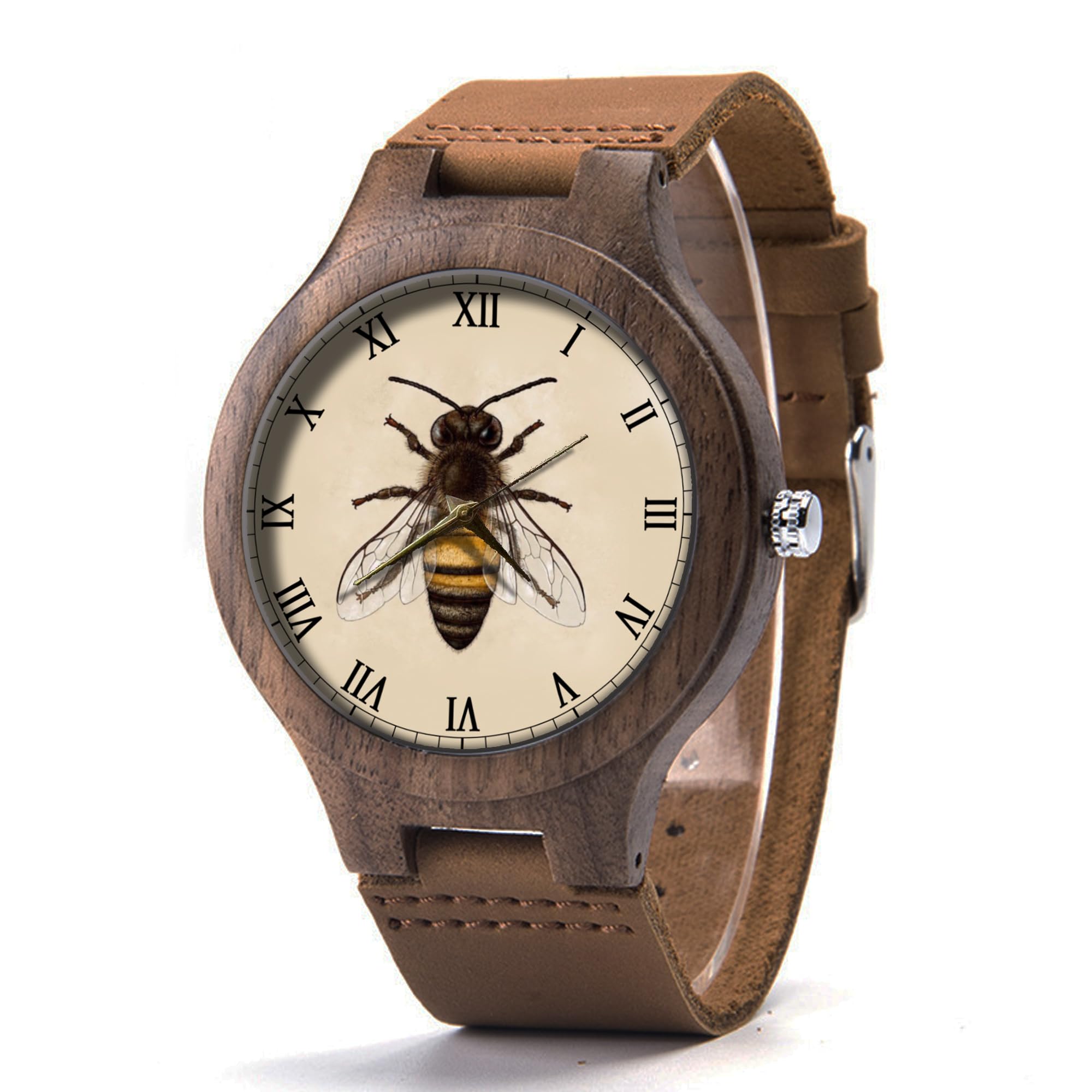 Vintage Honey Bee Leather Watch for Men - Unique Insect Wooden Watch with Bee Design - Stylish Bee Jewelry P557 - Perfect for Casual Wear, Outdoor Adventures & Gift Giving