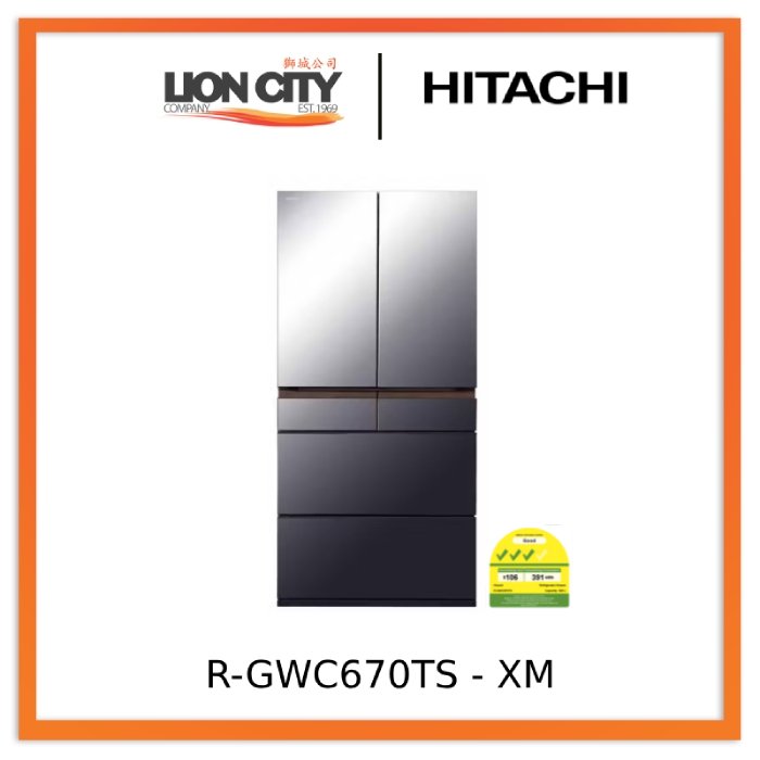 Hitachi R-GWC670TS XM 525L 6-Door Refrigerator - Mirror Mauve Gray | Large Capacity French Door Fridge for Modern Kitchen | Energy Efficient & Spacious Design for Home & Restaurant Use