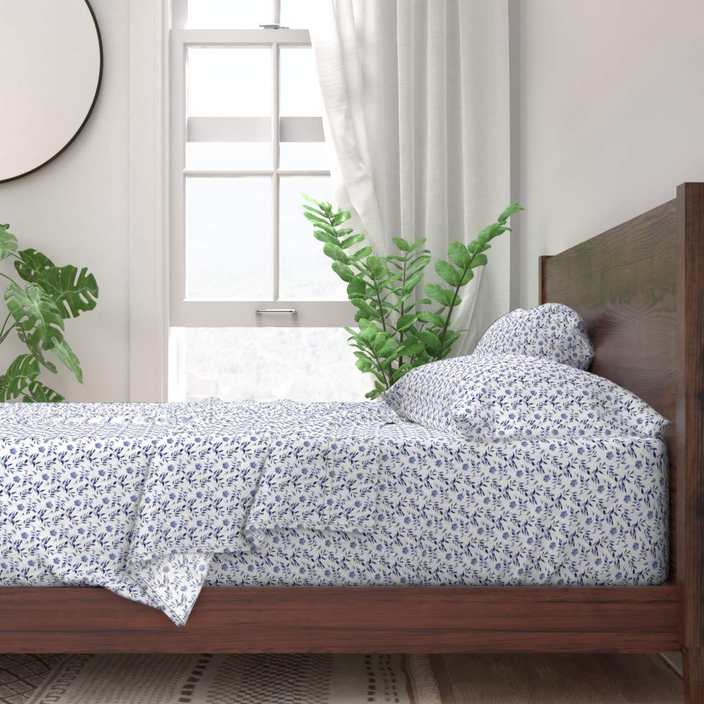 Spoonflower 100% Cotton Twin Sheet Set - 3pc Navy Blue Floral Doodle Print Bedding for Romantic & Boho Bedroom Decor | Soft Breathable Sheets for Cozy Sleep & Guest Room Essentials