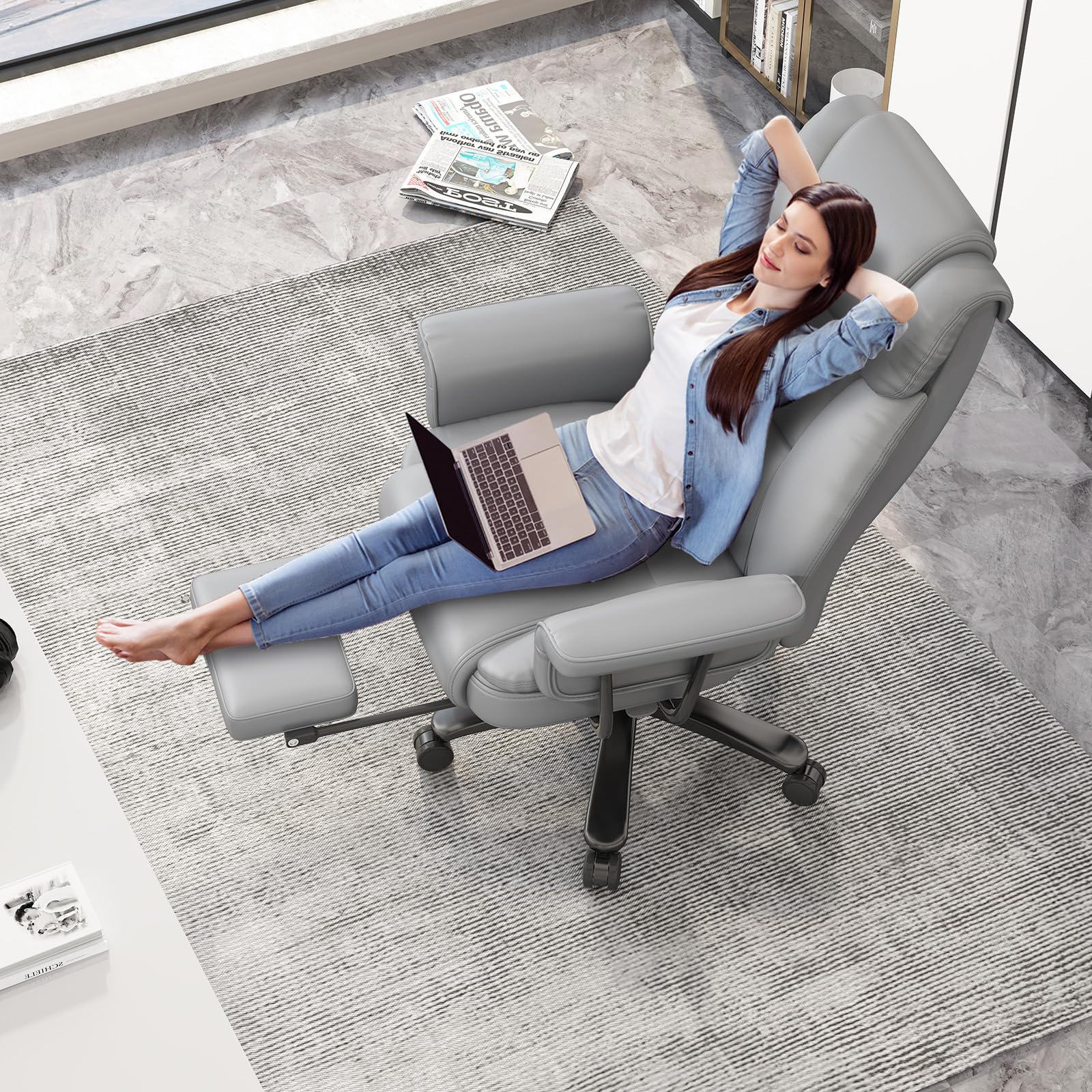 GYI Big and Tall Office Chair 400LBS Capacity - 160° High Back Reclining Ergonomic Desk Chair with Wide Seat, Adjustable Arms & Footrest - Grey - Perfect for Home Office, Gaming & Executive Workspaces