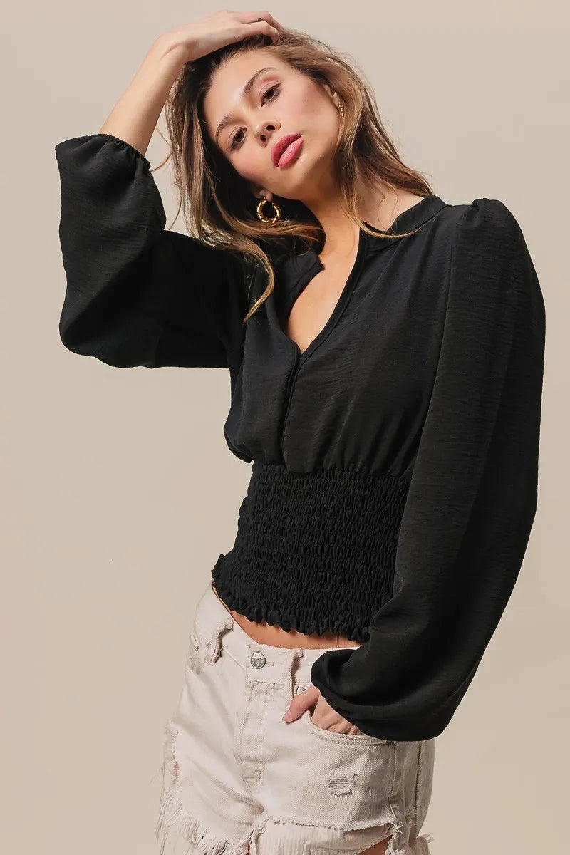 BiBi Smoking Waist Band & Puff Sleeves Deep V Neck Top for Women | Sexy Party Blouse | Perfect for Night Out, Club Wear & Date Night Outfits