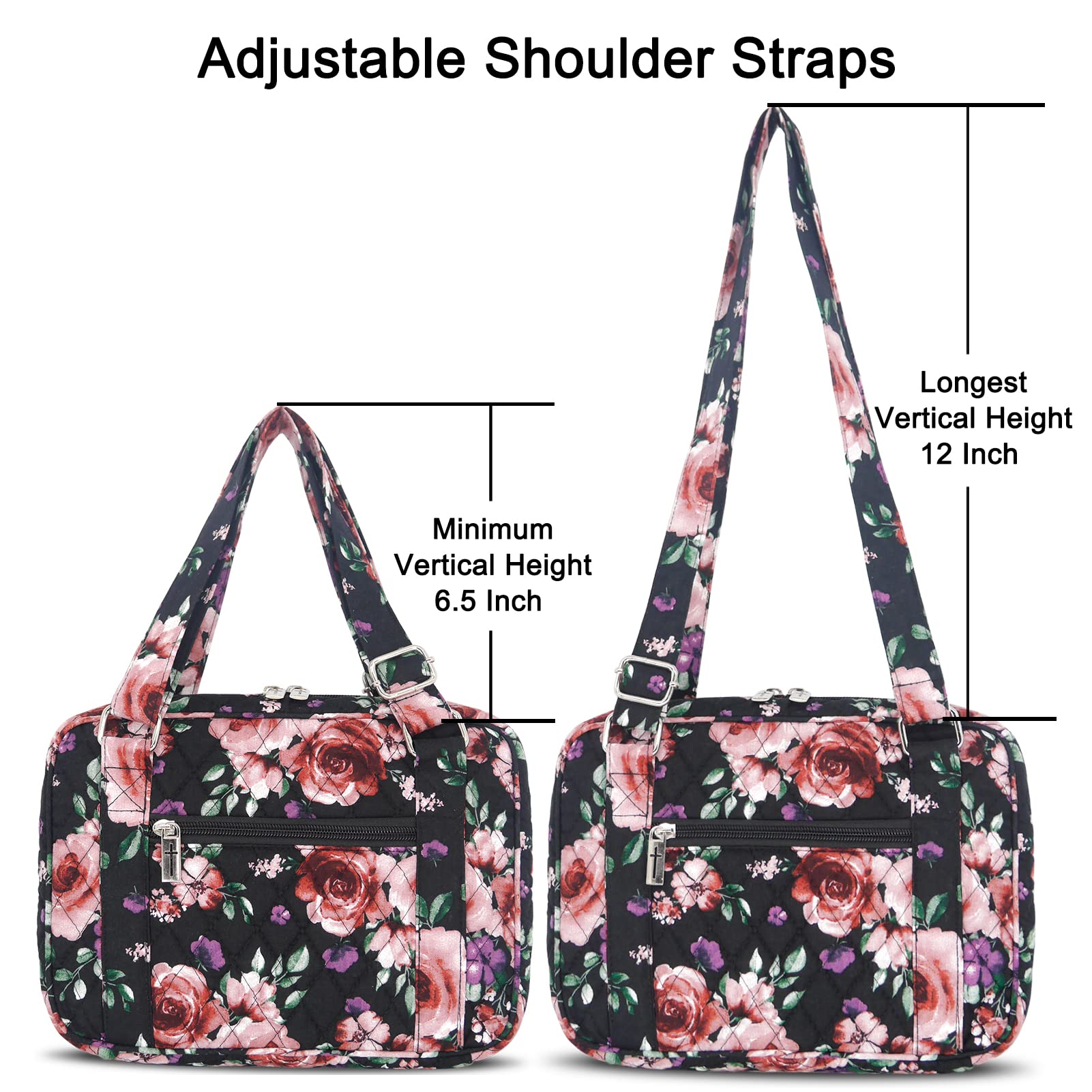 Women's Bible Cover with Adjustable Straps - Large Zippered Study Bible Carrying Case Bag (10x7x2.7 Inches) - Perfect for Church, Bible Study & Travel