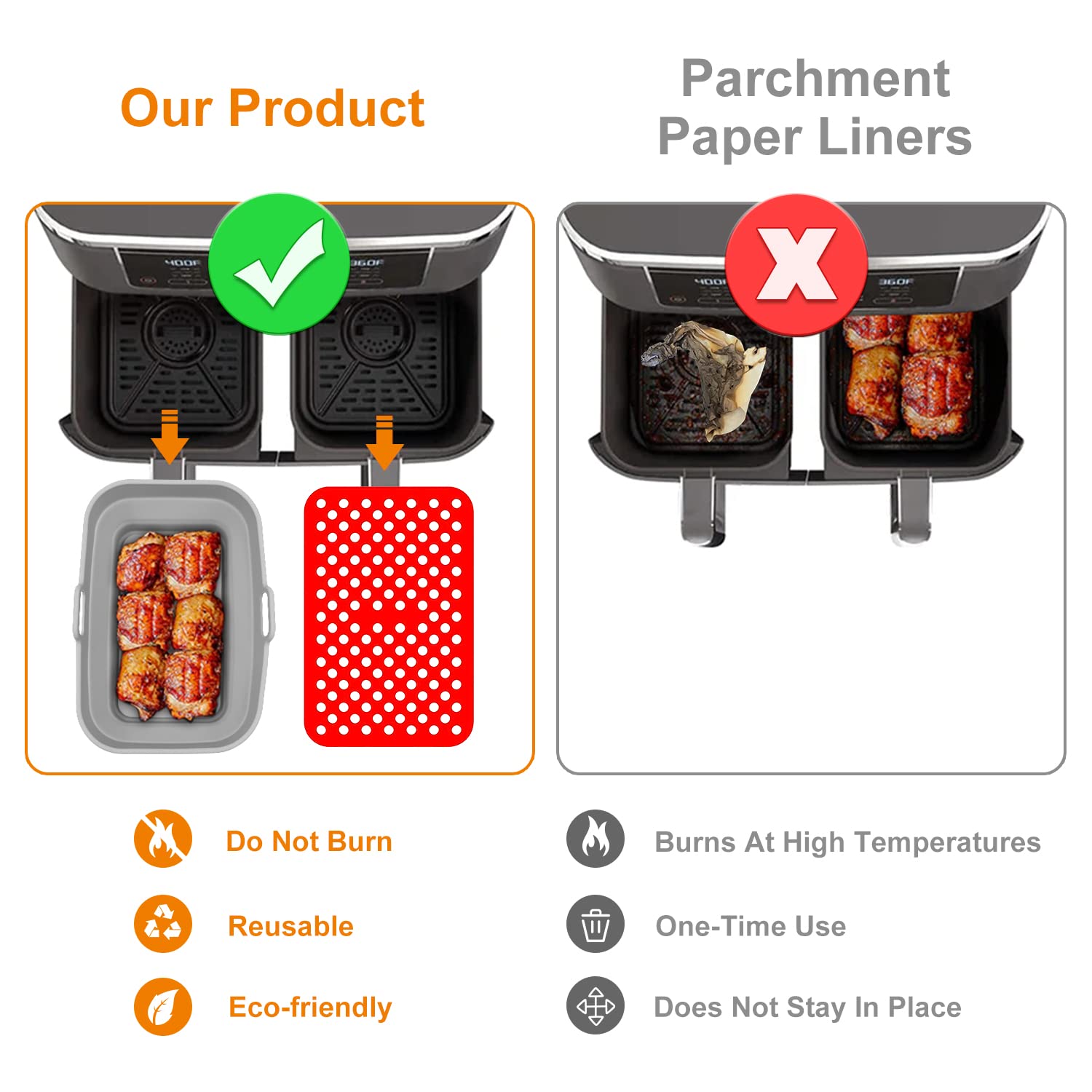 2-Pack Air Fryer Silicone Liners with Non-Slip Mats & Cleaning Brushes - Compatible with Ninja Foodi DualZone DZ401, DZ201 - Perfect for Baking, Roasting & Easy Cleanup