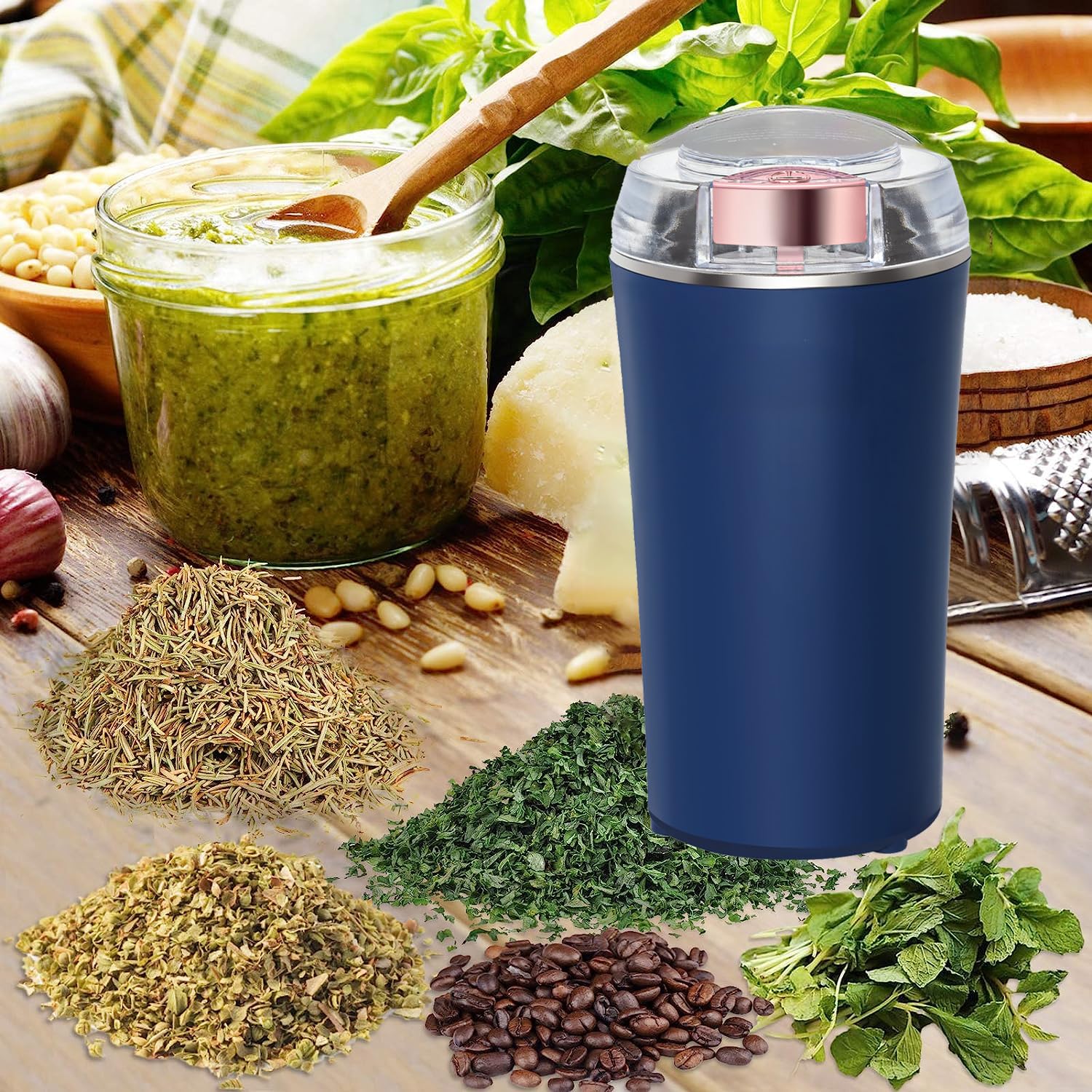 200W Electric Herb Grinder - Powerful & Fast Spice Grinder for Dry Herbs, Coffee Beans, Nuts & Grains - One-Touch Operation with Cleaning Brush - Perfect for Kitchen, Baking & Coffee Brewing