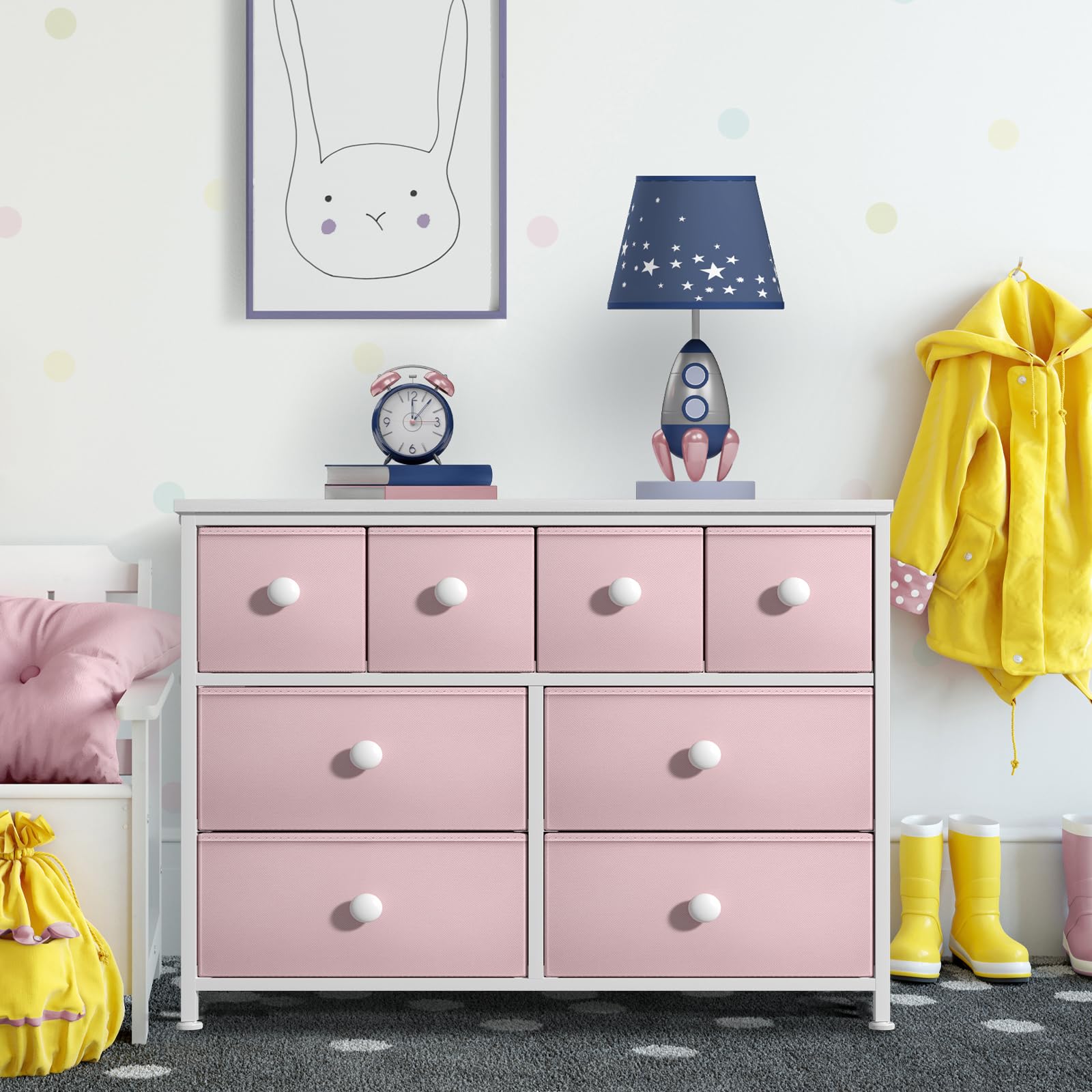 Sorbus 8-Drawer Fabric Dresser for Kids - Pastel Pink Storage Tower with Steel Frame & Knob Handles | Kids Bedroom, Nursery, Playroom & Closet Organizer for Clothes, Toys & Accessories