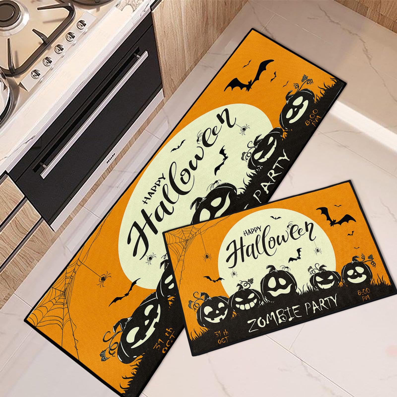 Tayney Zombie Orange Halloween Kitchen Rugs Set of 2 - Non-Slip Washable Pumpkin Floor Mats for October Holiday Decor, Spooky Moon Under Sink Runner - Perfect for Halloween Kitchen Decor & Party Themes