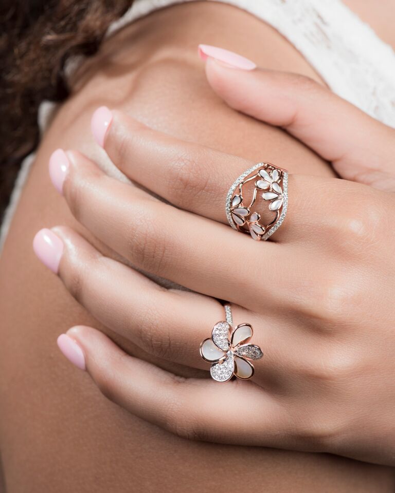 14K Rose Gold Mother of Pearl & Diamond Pave Flower Cocktail Ring - Elegant Jewelry for Parties, Weddings & Special Occasions