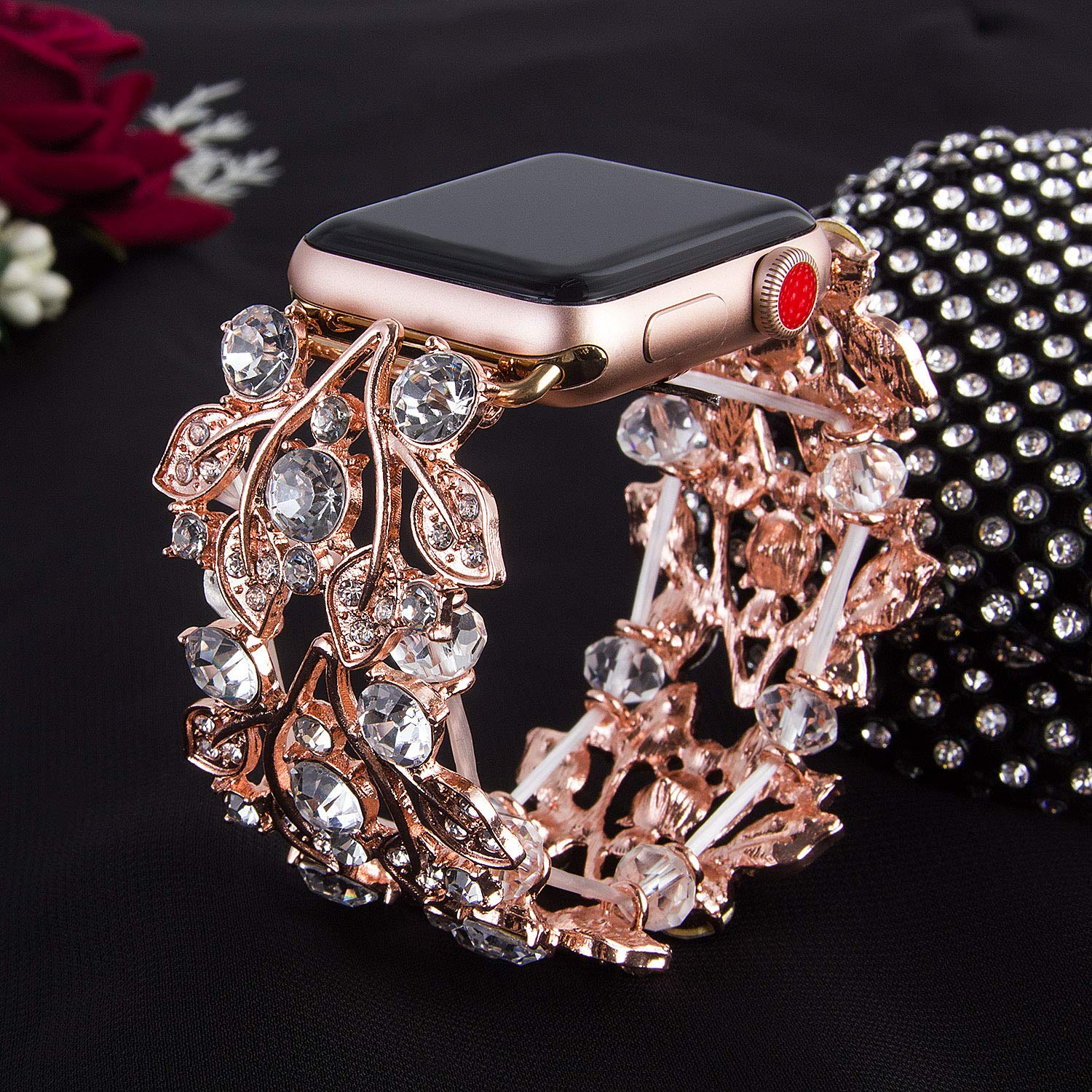 VIQIV Bling Bands for Apple Watch 38mm 40mm 41mm 42mm 44mm 45mm 49mm - Compatible with Series SE 9 8 7 6 5 4 3 2 & Ultra - Rhinestone Elastic Jewelry Metal Bracelet Strap - Elegant Dressy Wristband for Women - Perfect for Parties, Weddings & Special Occasions