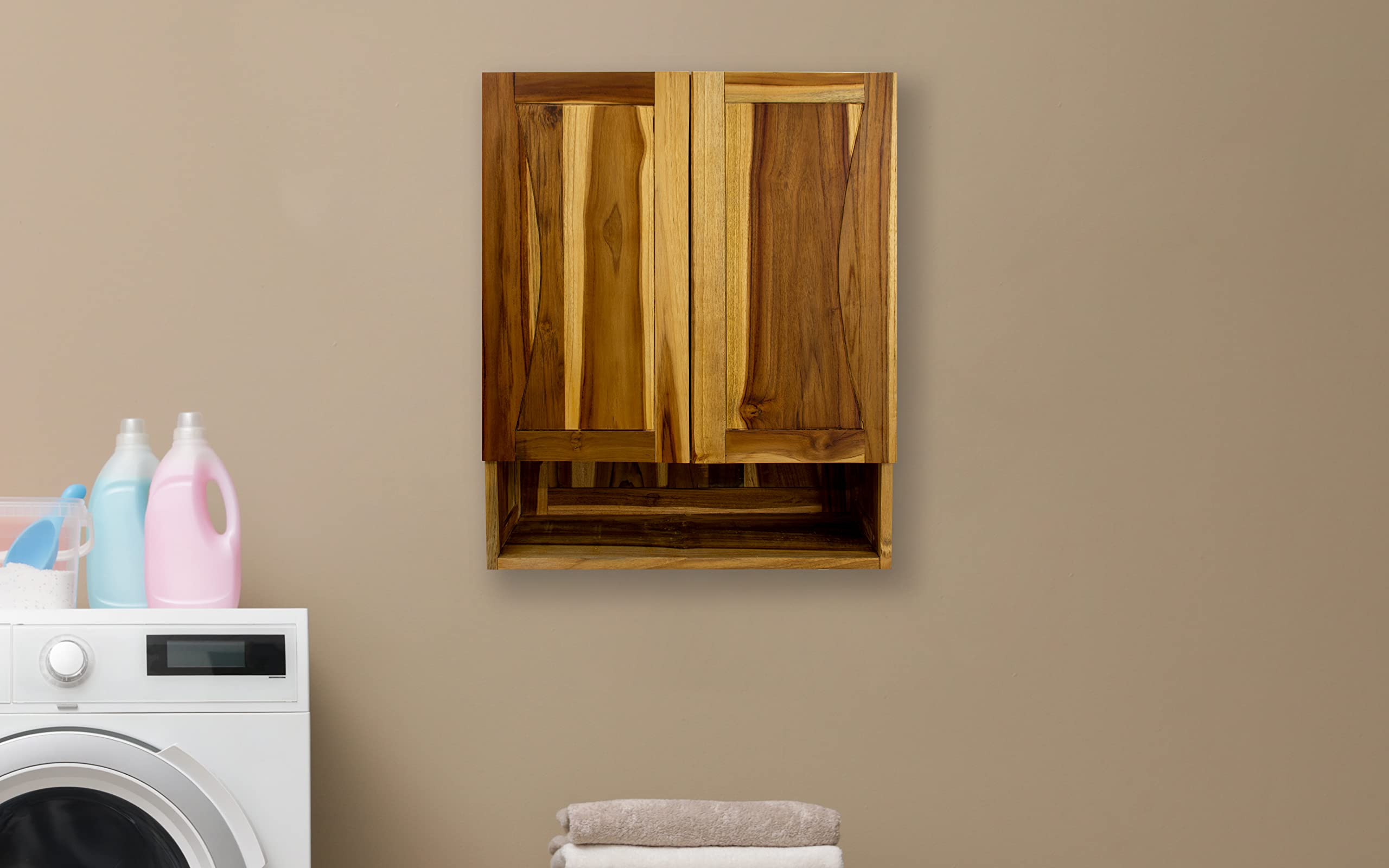 EcoDecors 100% Solid Teak Wood Hanging Wall Medicine Cabinet with Soft Close Doors - Natural Finish Bathroom Storage for Toiletries & Essentials | Perfect for Bathroom, Spa, or Salon Organization
