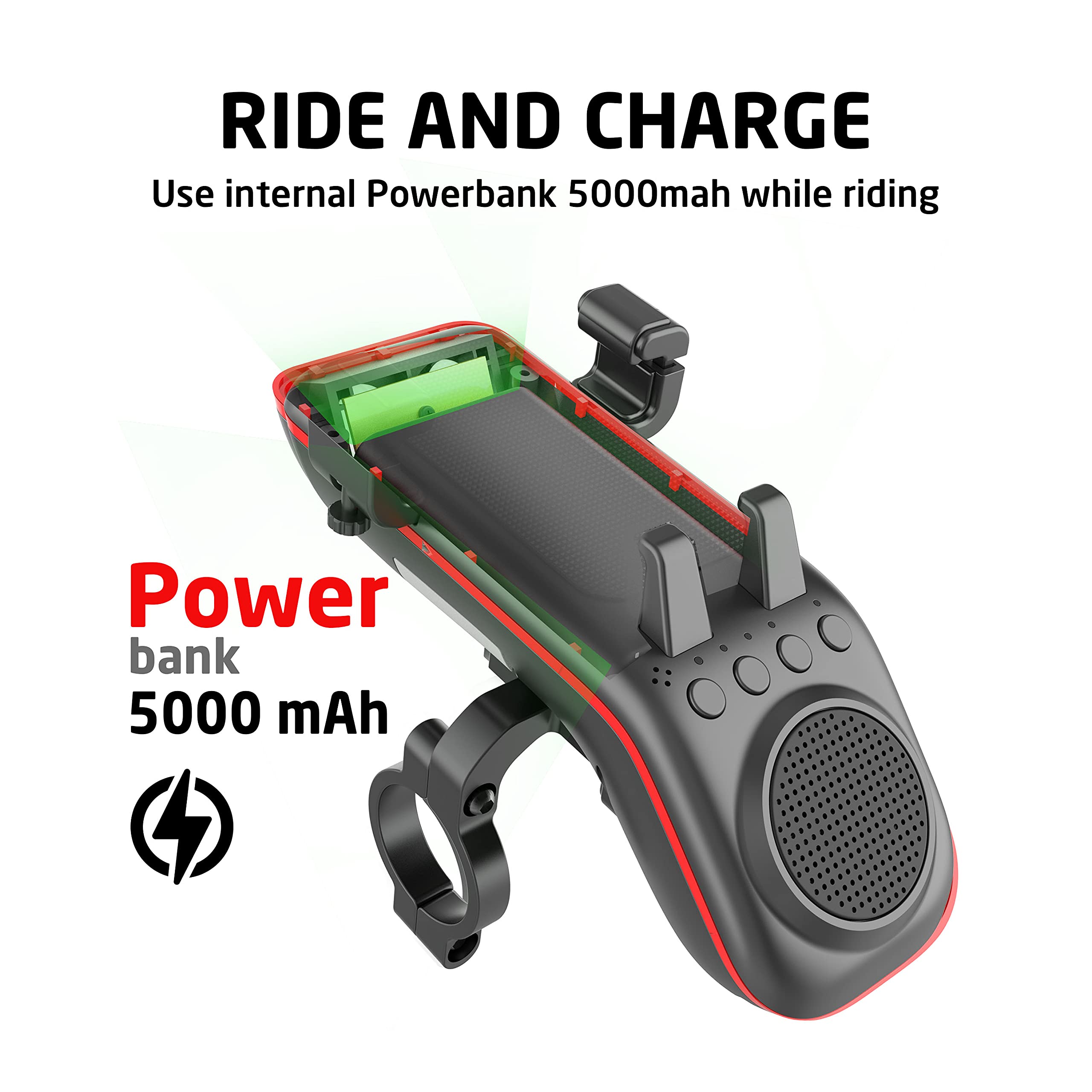 10-in-1 Bluetooth Bike Speaker with Phone Holder, LED Light, Power Bank & Horn - Waterproof Wireless Bicycle Speaker for Road & Mountain Biking - Perfect for Outdoor Cycling, Commuting & Fitness Rides (Black)
