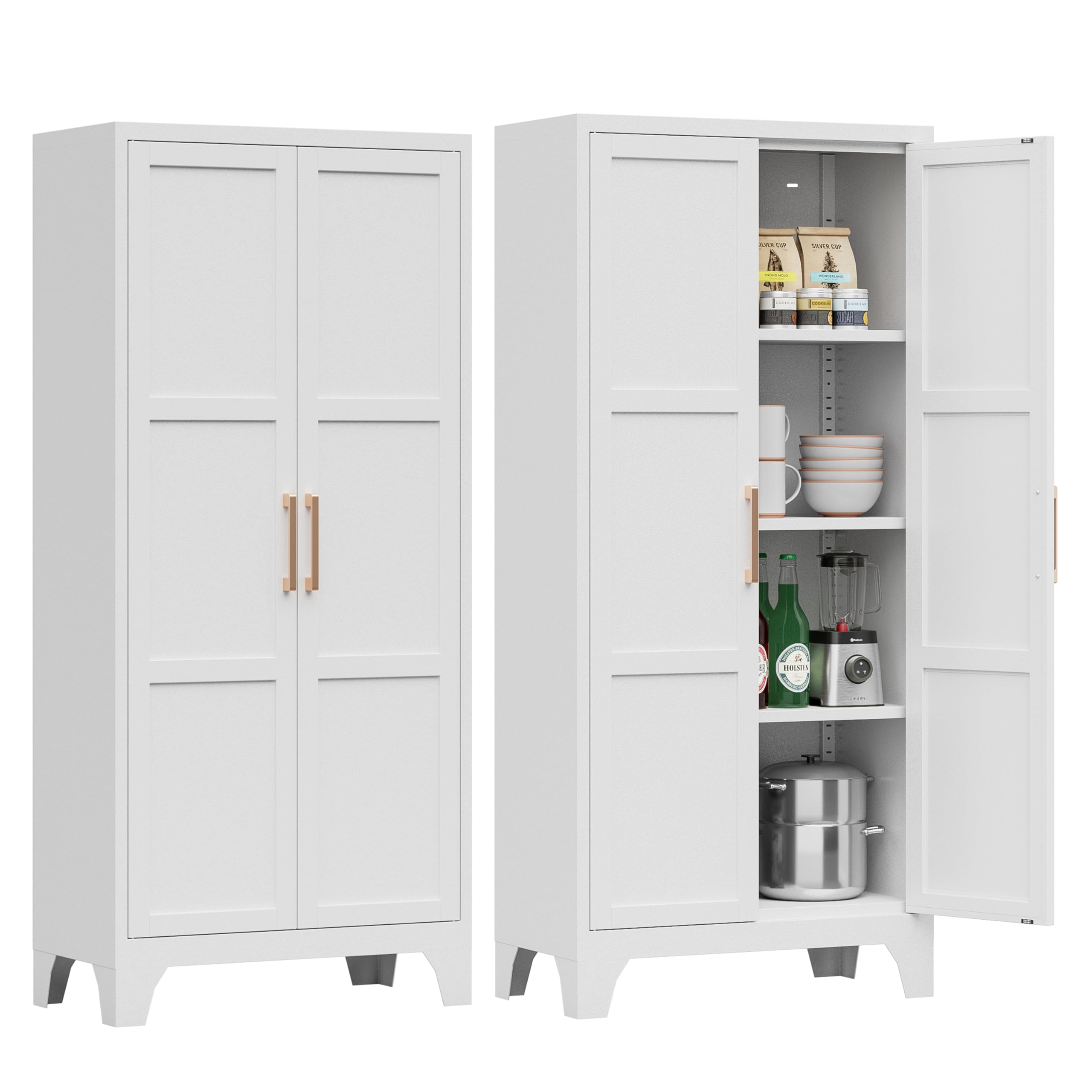 White Metal Pantry Cabinet with Adjustable Shelves & Doors - Kitchen Storage Organizer for Food, Dishes & Supplies - Perfect for Kitchen, Living Room & Dining Room - Easy Assembly Required