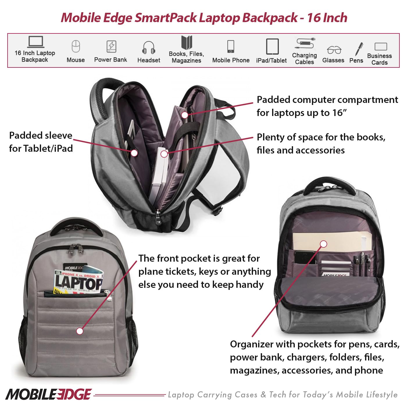 Mobile Edge SmartPack Laptop Backpack for Men & Women - 16 Inch Laptop Compatible - Ultra Lightweight Business & Travel Backpack (Silver) - Perfect for Office Commute, College Students & Airplane Carry-On