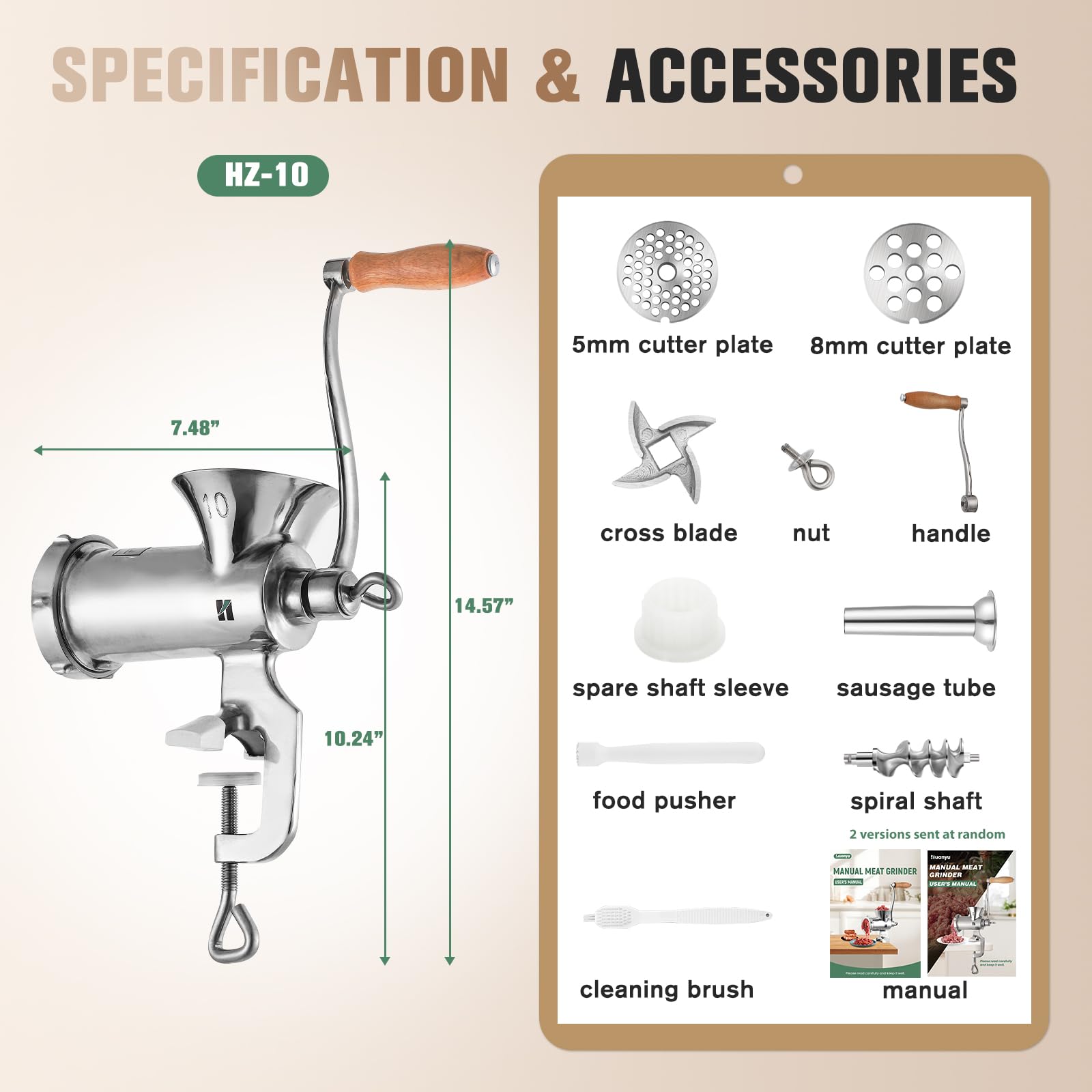 Huanyu Stainless Steel Manual Meat Grinder with Table Clamp - Heavy Duty Sausage Maker for Chicken, Beef, Small Bones & Chili - Perfect for Home Kitchen, Camping & Food Prep (Model HZ-10)