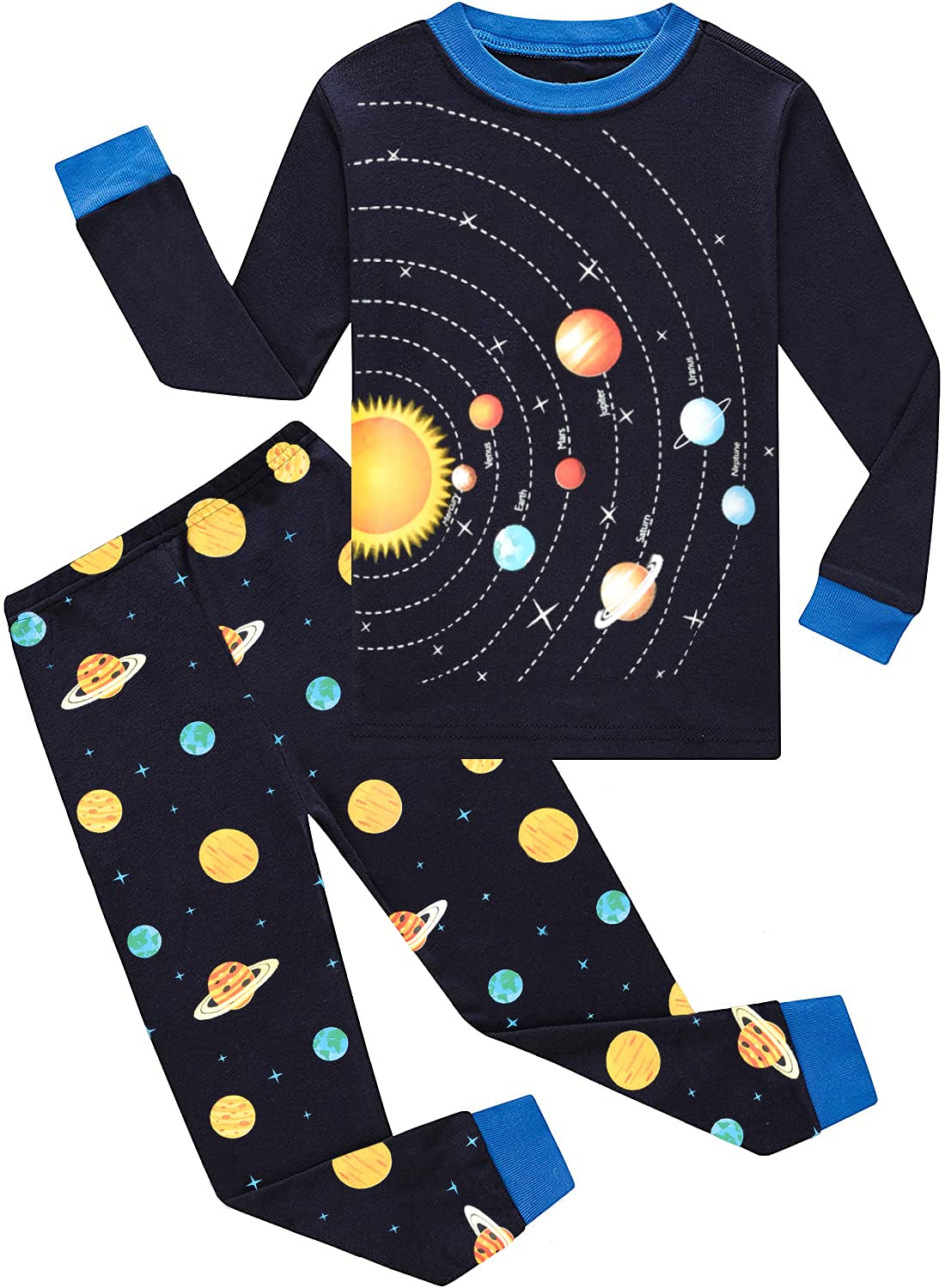**Monster Truck & Dinosaur Cotton Pajama Set for Toddler Boys (2-7 Years) – 2-Piece Sleepwear with Planets Design – Soft & Comfortable PJS for Kids' Bedtime & Lounging**
