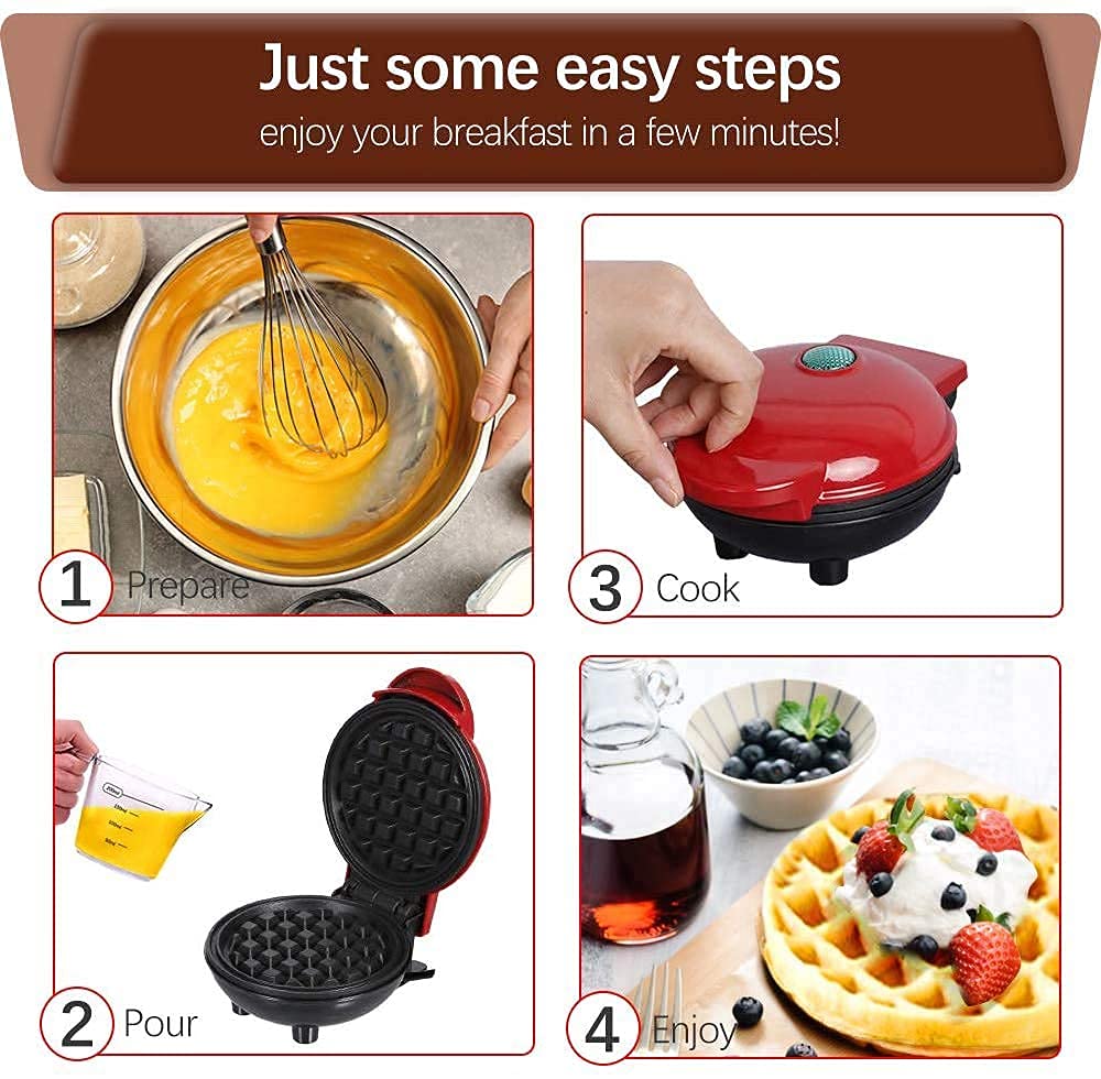 Mini Waffle Maker Machine - Portable Electric Round Waffle Iron for Waffles, Paninis & Hash Browns | Non-Stick Red Bakeware | Perfect for Breakfast, Snacks, Camping & Dorm Cooking