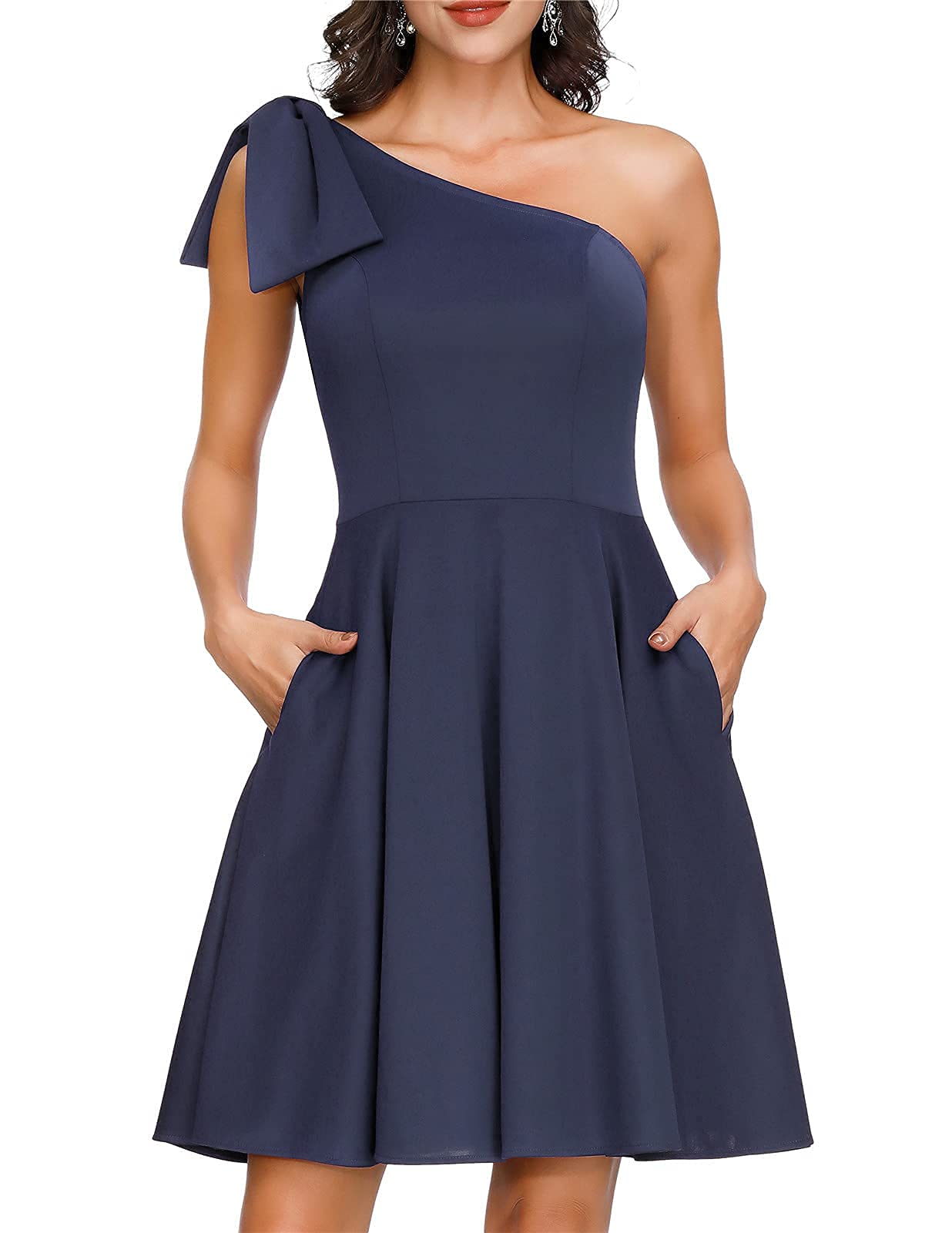 JASAMBAC Women's Elegant Bow One Shoulder Cocktail Dress with Pockets - A-Line Party Dress for Weddings, Date Nights & Special Occasions