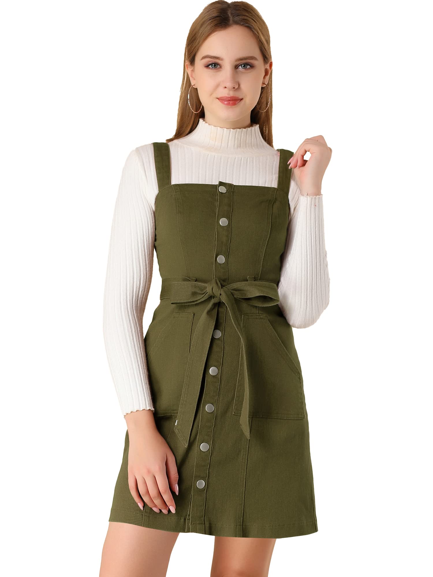 Allegra K Women's Classic Denim Pinafore Dress with Adjustable Straps - Casual Jean Overalls for Everyday Wear, Outings & Spring Fashion