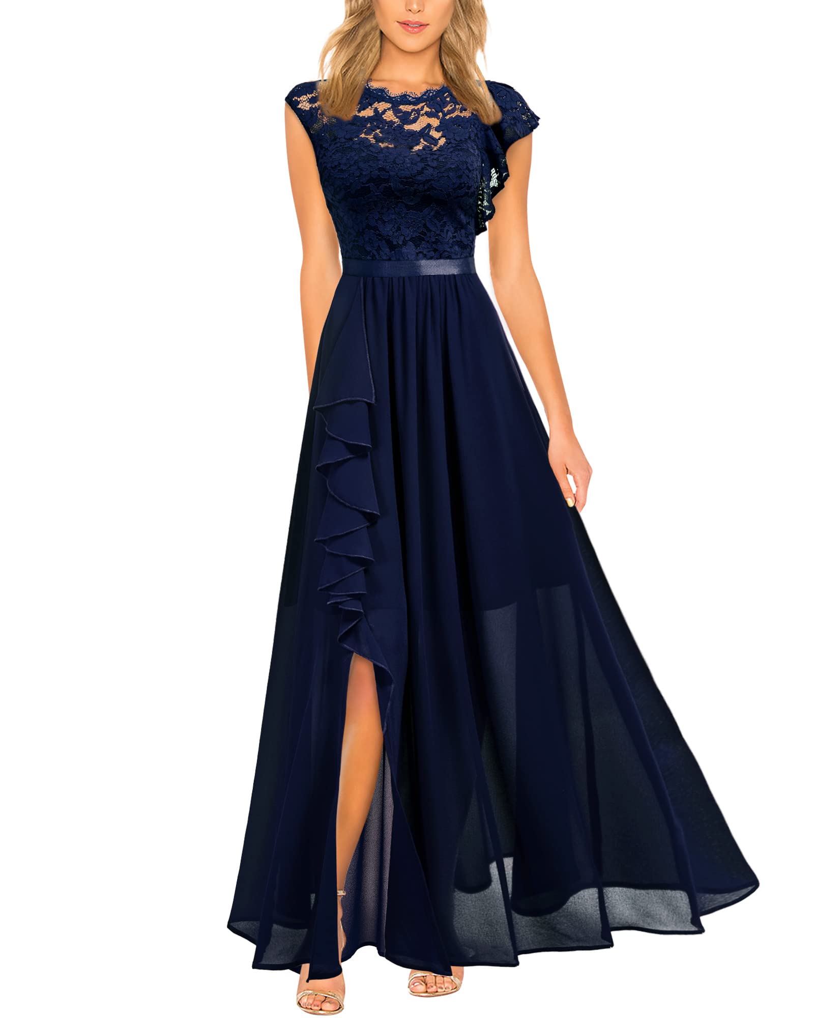 Elegant Floral Lace Ruffle Bridesmaid Maxi Dress for Women - Formal Party Gown for Weddings, Prom & Special Occasions