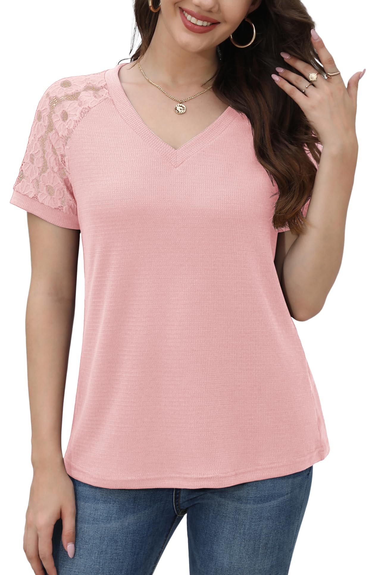 Jouica Women's Summer Lace Short Sleeve V-Neck Blouse - Loose Casual Waffle Knit Top for Beach, Vacation & Everyday Wear