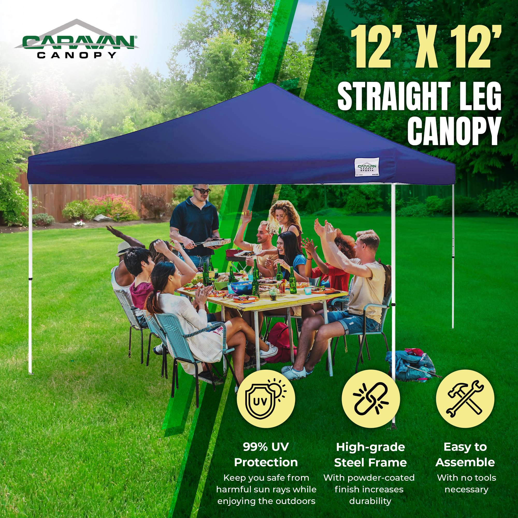 12x12 FT Instant Pop Up Canopy Tent with Adjustable Height - Steel Frame & Polyester Top for Outdoor Events, Parties, Camping & Beach - Blue Shelter for Sun Protection