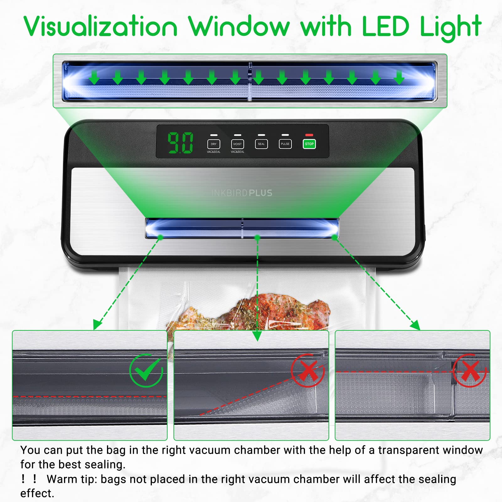 INKBIRD Compact Food Vacuum Sealer Machine with Sealing Countdown & Viewing Lid - 20Ft Roll Storage, Dry & Moist Modes, Includes Cutter, 1 Bag Roll & 5 Pre-cut Bags for Fresh Food Preservation - Perfect for Meal Prep, Sous Vide, Freezing & Long-Term Food Storage