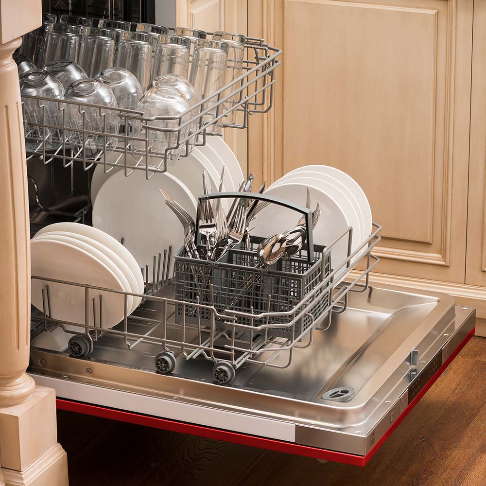 ZLINE 24 Inch Red Matte Top Control Built-In Dishwasher with Stainless Steel Tub & Traditional Handle - Ultra Quiet 52dBa (DW RM 24) - Perfect for Modern Kitchens, Small Spaces & Energy-Efficient Homes