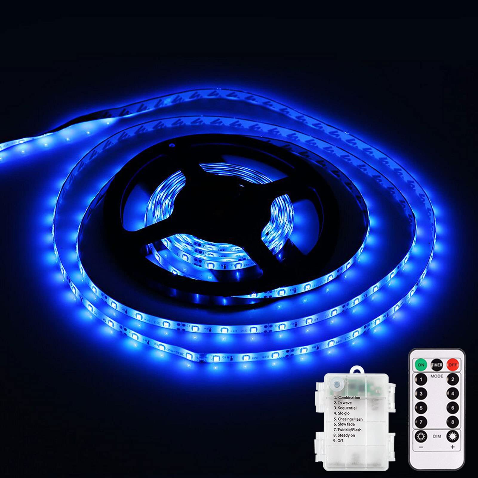 Battery Operated LED Strip Lights - 9.8ft 90 LEDs with Remote, Timer & Dimmable - Waterproof Flexible Light Strips for Indoor Outdoor Use - Perfect for TV Backlight, Bedroom, Kitchen, Boat Decor (Blue)