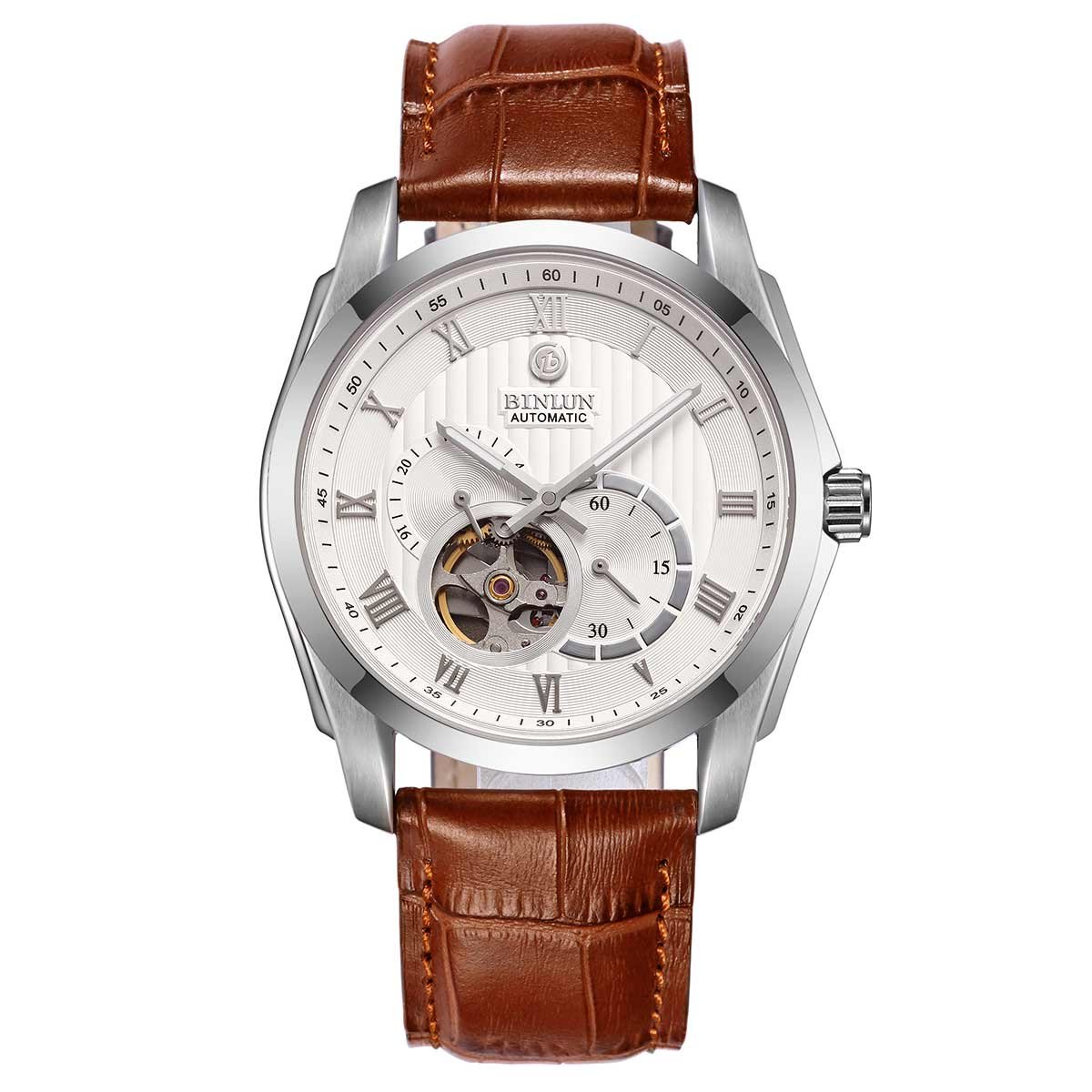 BINLUN Men's Automatic Self-Winding Mechanical Watch - Stainless Steel Case with Genuine Brown Leather Band - Perfect for Business, Casual & Formal Occasions