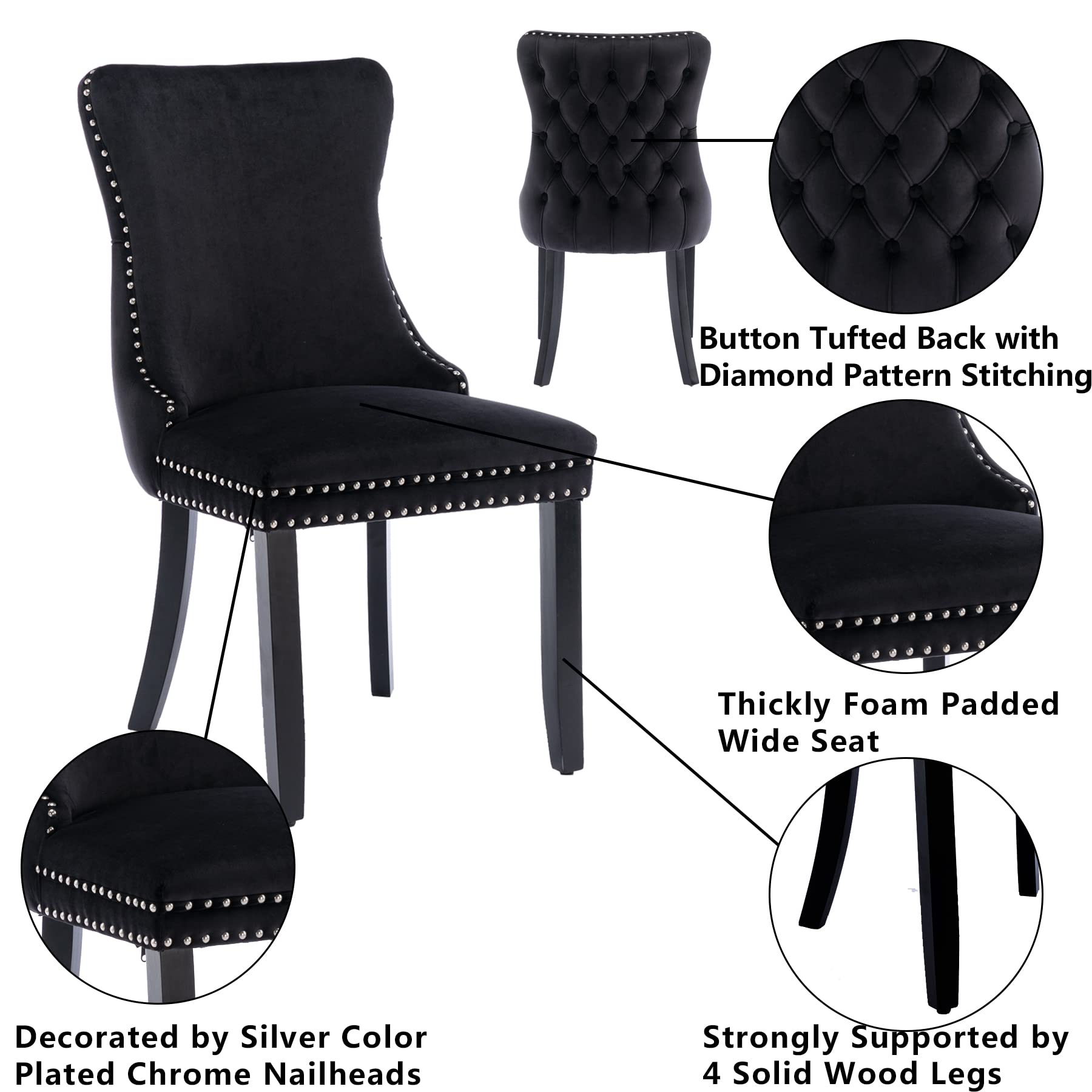 Velvet Upholstered Dining Chairs Set of 2 - Wingback Kitchen Accent Chairs with Solid Wood Legs, Nailhead Trim & Button Tufted Back - Stylish Luxury Elegant Black Dining Room Chairs for Home Decor & Entertaining