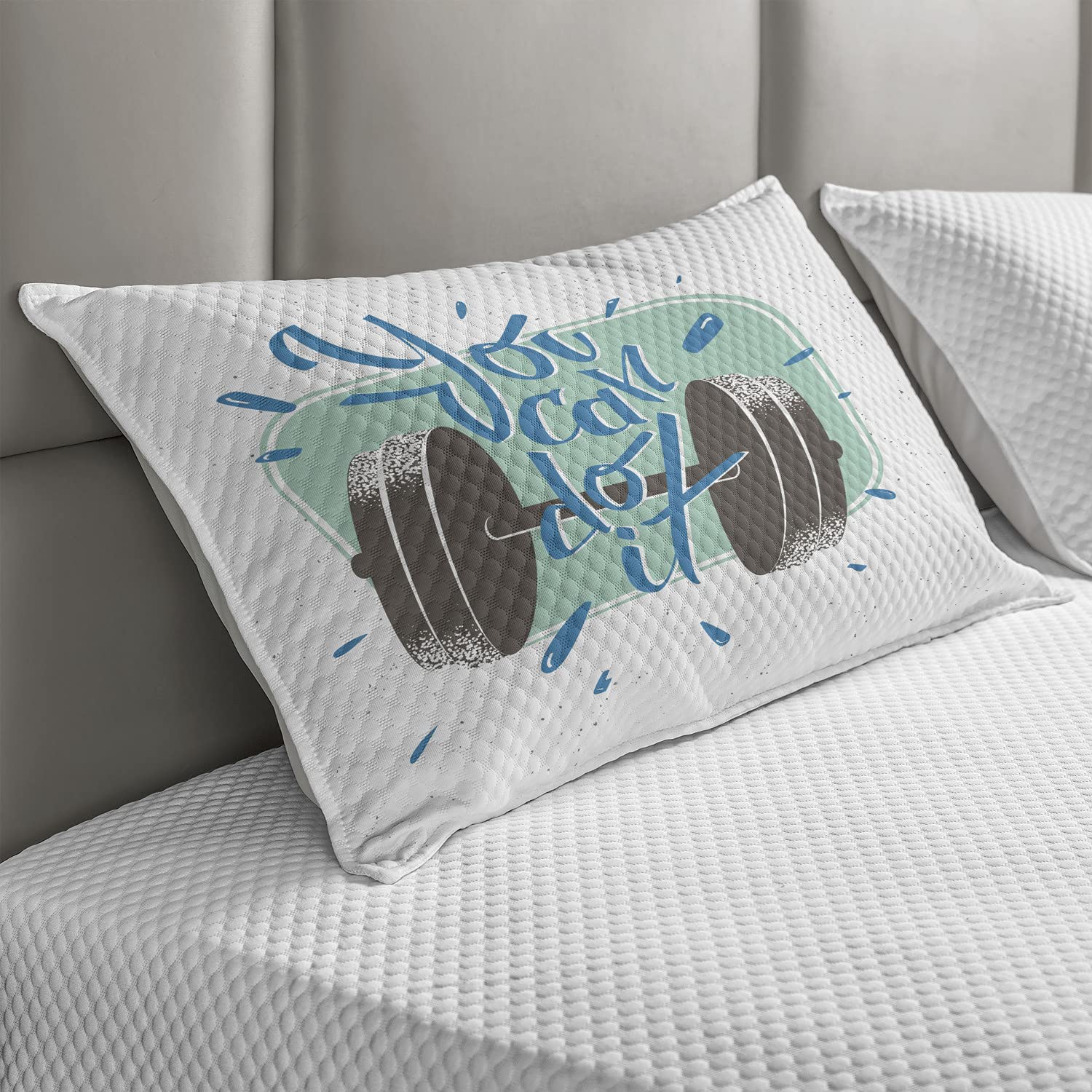 Ambesonne Fitness Quilted Pillow Cover - Retro Dumbbell Design with 'You Can Do It' Motivational Phrase - Standard Queen Size 30x20 Inch - Grey Almond Green Blue - Perfect for Home Gym Decor & Bedroom Accent