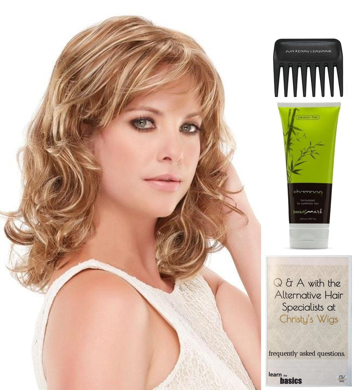 Jon Renau Jessica Wig Bundle - 4 Items (FS10 Color) with Christy's Wigs Q&A Booklet, BeautiMark Synthetic Shampoo & Wide Tooth Comb | Perfect for Daily Wear, Cosplay & Hair Loss Solutions