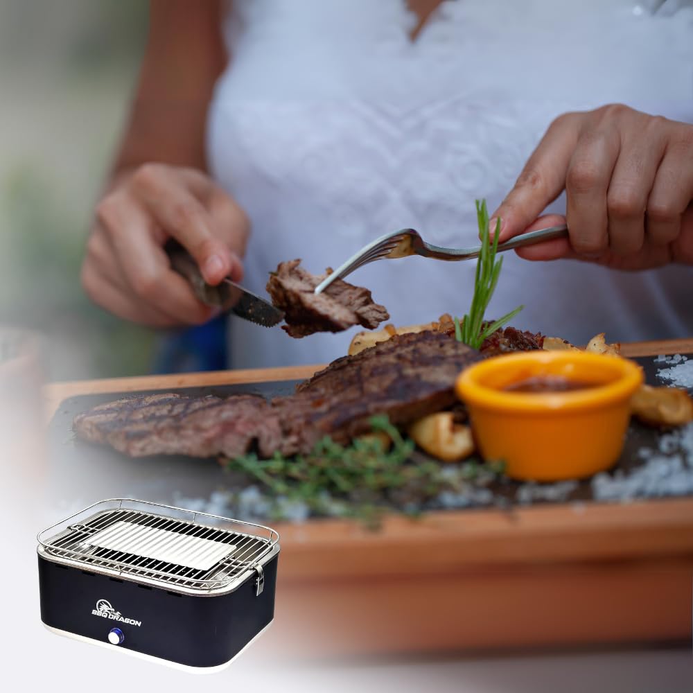 BBQ Dragon Zephyr Portable Charcoal Grill - Adjustable Fan Mini Hibachi Grill | Stainless Steel Tabletop Grill for Outdoor Cooking, Camping, Beach, Tailgate & Backyard BBQ | Perfect for Picnics, RV Trips & Small Space Grilling