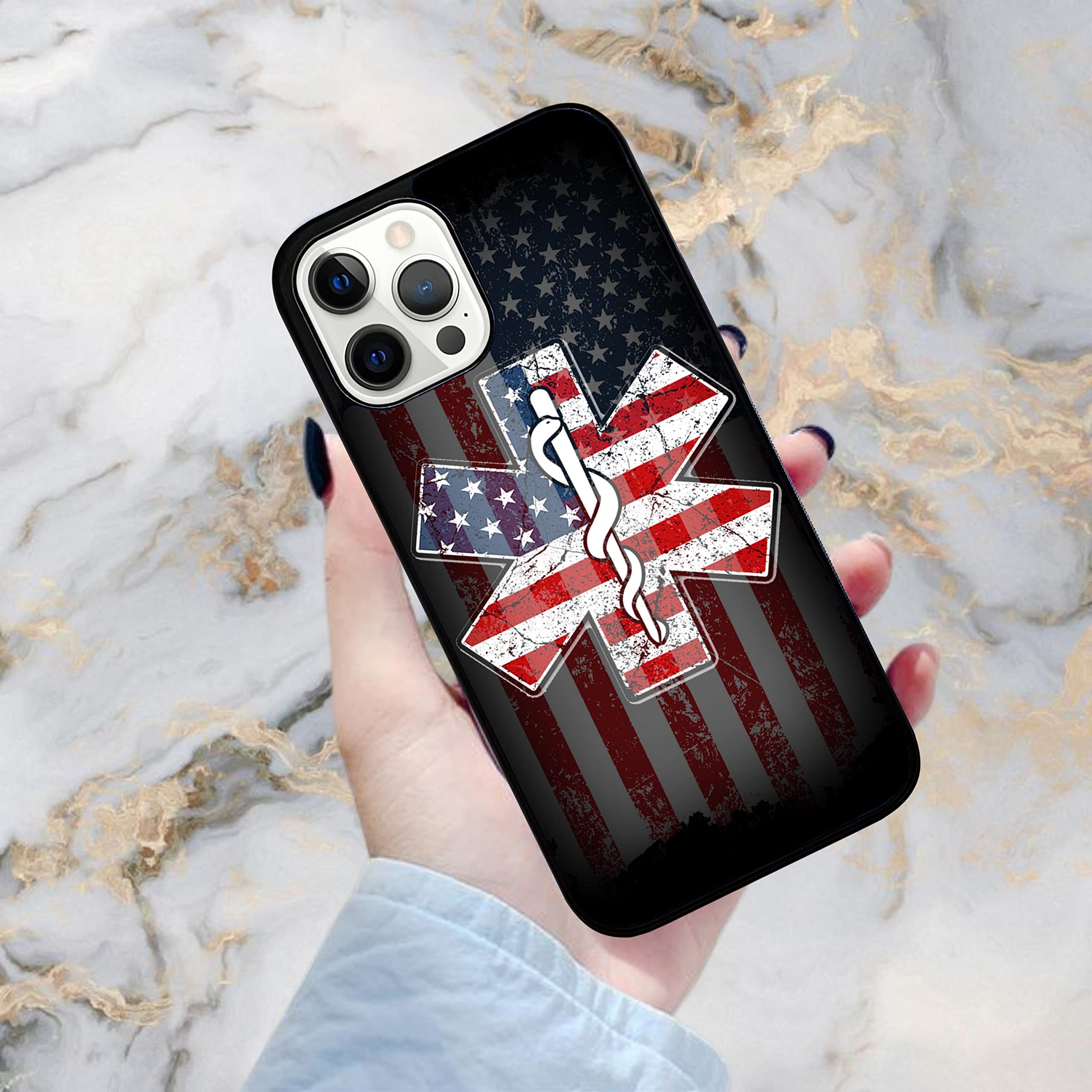 Vintage EMS EMT USA Flag Distressed American Paramedic Logo iPhone 13 Case - Durable Non-Slip TPU Rubber Shockproof Slim Protective Cover - Perfect for First Responders, Medical Professionals & Patriotic iPhone Users (Black)