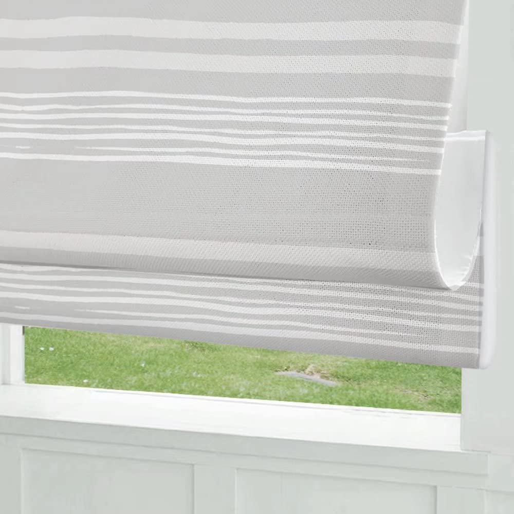 Custom Blackout Light Filtering Cordless Roman Shades - Grey Stripe 10% Linen Fabric Window Blinds for French Doors, Kitchen & Living Room | Perfect for Privacy & Sun Protection