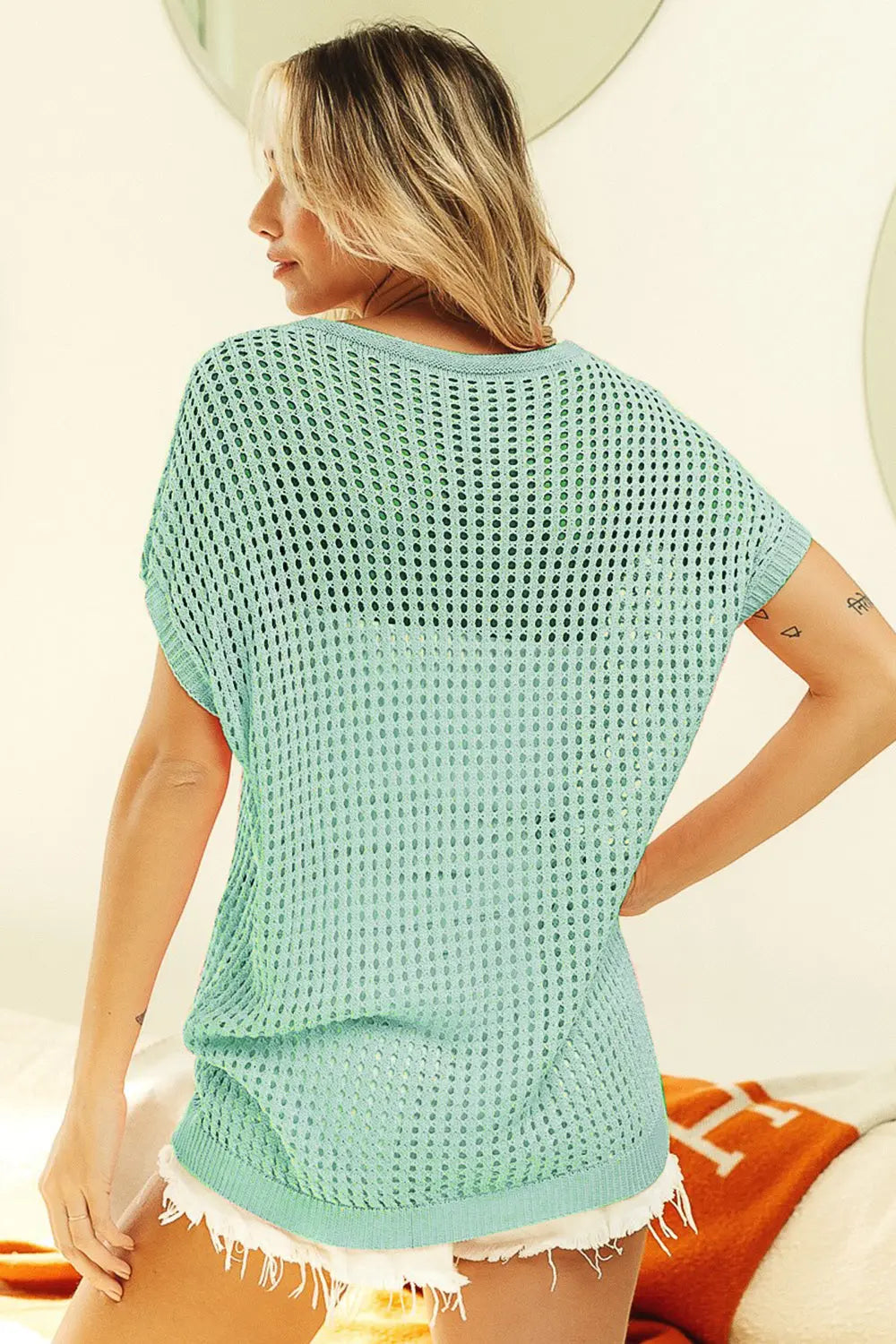 BiBi Openwork Short Sleeve Knit Cover Up - Lightweight Beachwear for Women, Perfect for Poolside, Vacation and Summer Outfits