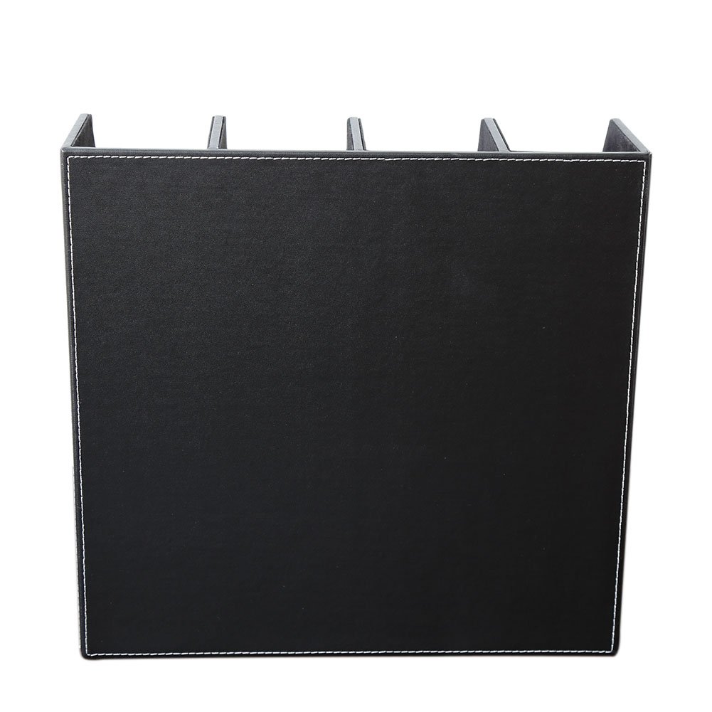 KINGFOM 4-Slot Wooden Leather Document File Holder - Desk Organizer for Office Paper Storage, Black - Perfect for Home Office, Study Desk & Professional Workspace Organization