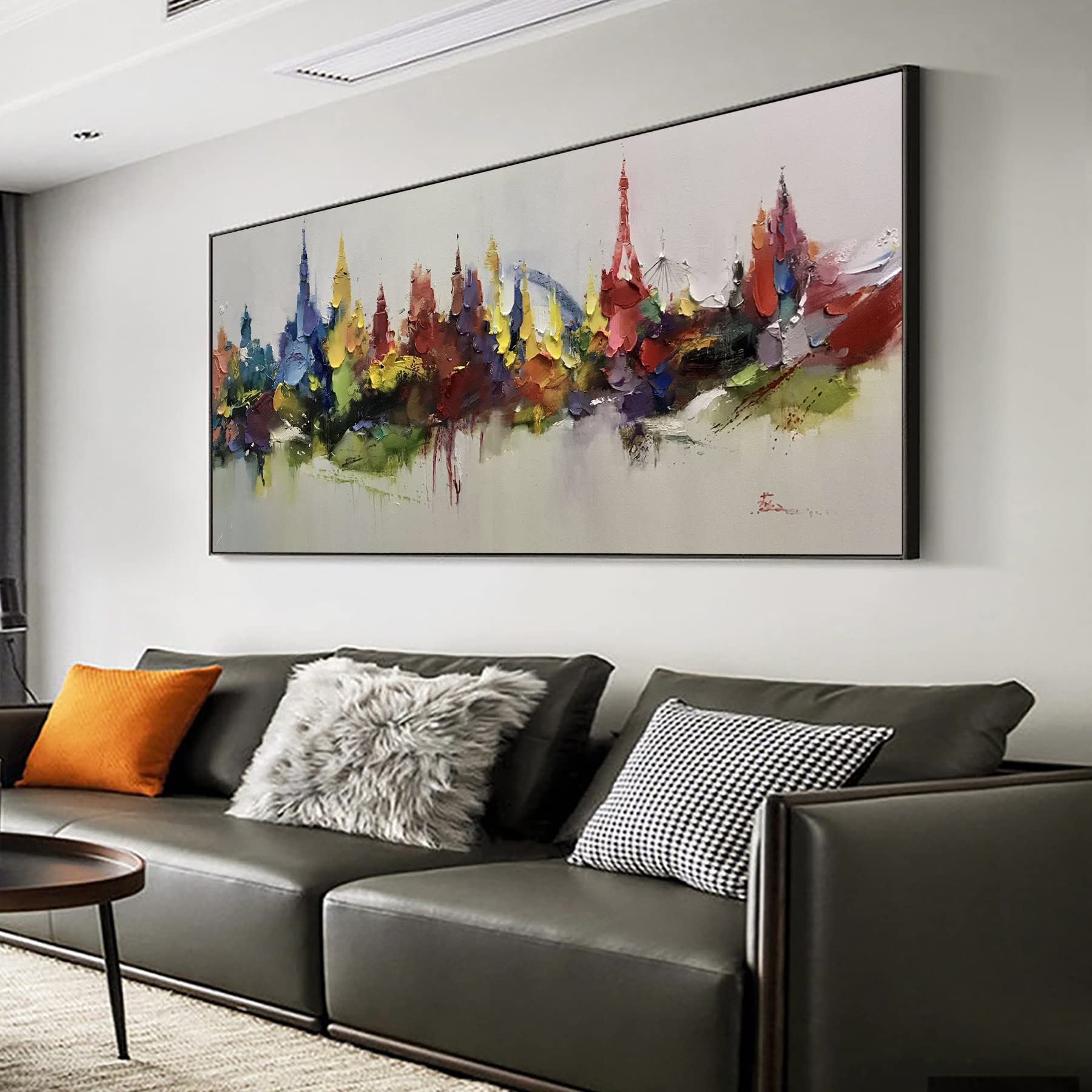 Abstract New York City Skyline Oil Painting on Canvas - Large Modern Wall Art Decor for Living Room, Office & Bedroom