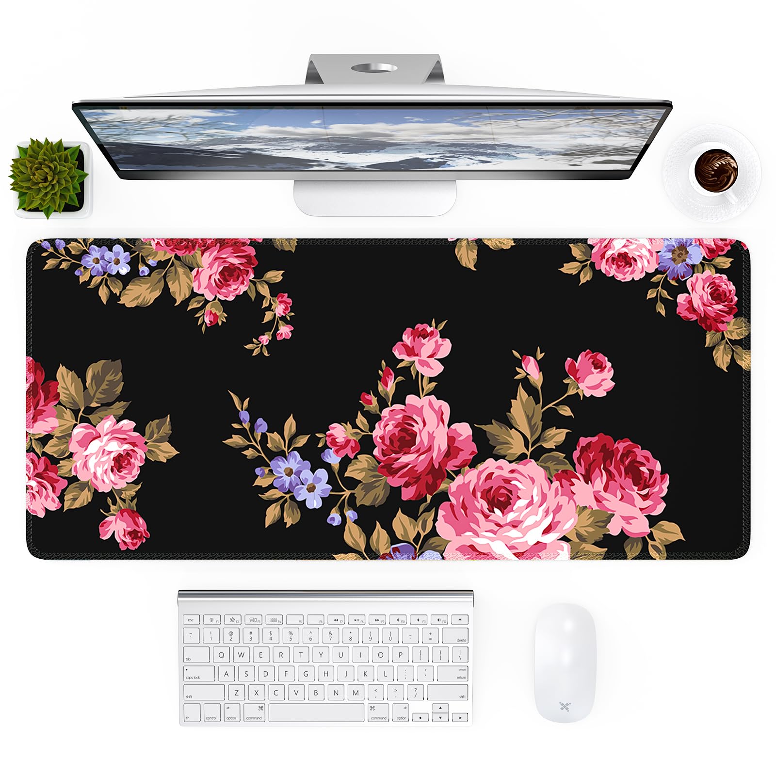 XXL Non-Slip Gaming Mouse Pad & Desk Mat - Floral Black Pink Large Keyboard Mat for Women, Home Office Decor | Perfect for Desktop, Laptop, Workstation & Gaming Setup