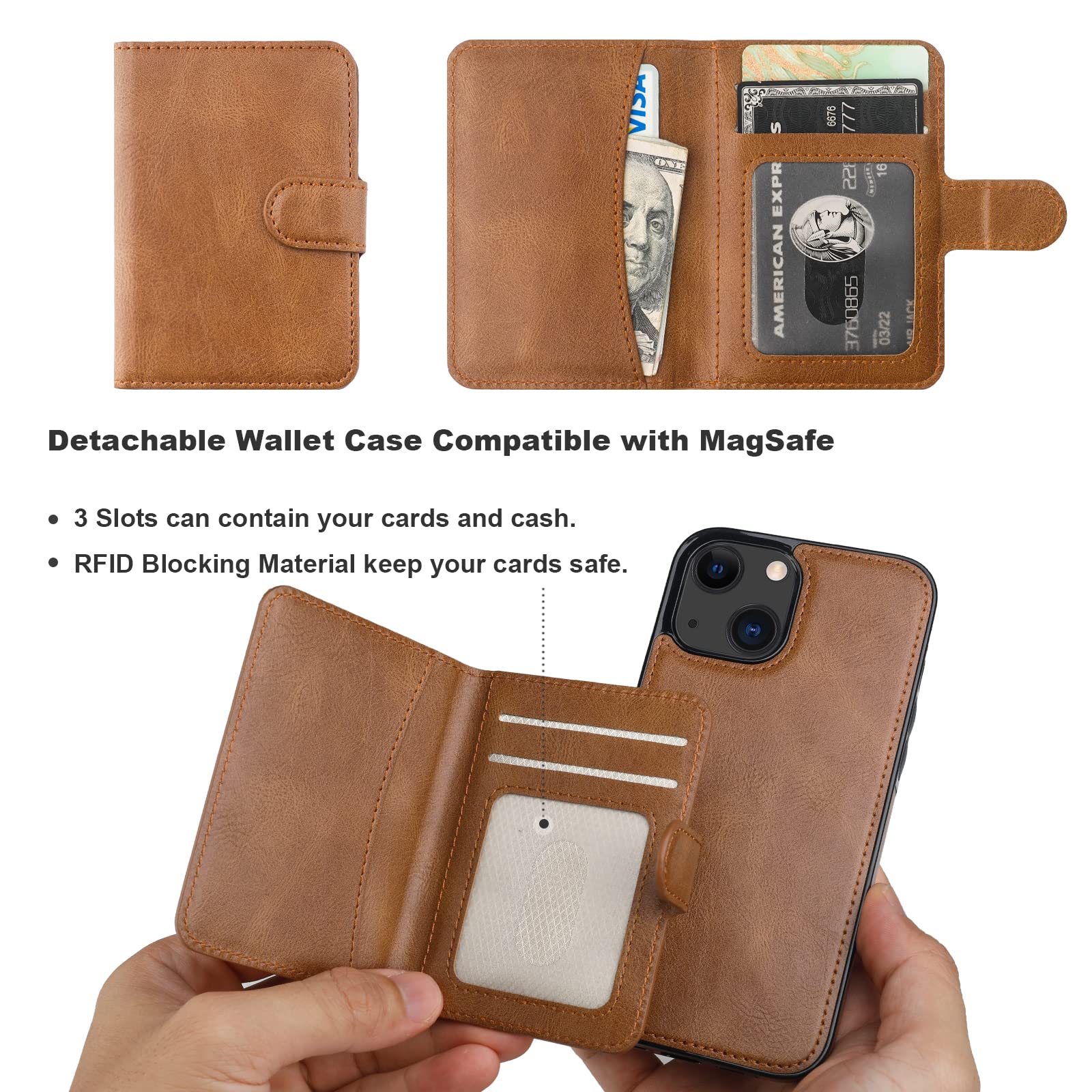 Premium Magnetic RFID Blocking Wallet Case for iPhone 13 - Detachable PU Leather Flip Cover with Card Slots, Kickstand & Wireless Charging (6.1 Inch, Brown) | Perfect for Travel, Work & Everyday Use