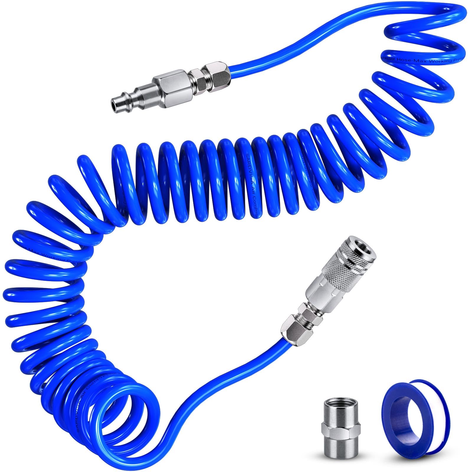 25 FT Repairable PU Recoil Air Hose - Heavy Duty Industrial Air Compressor Hose with 1/4