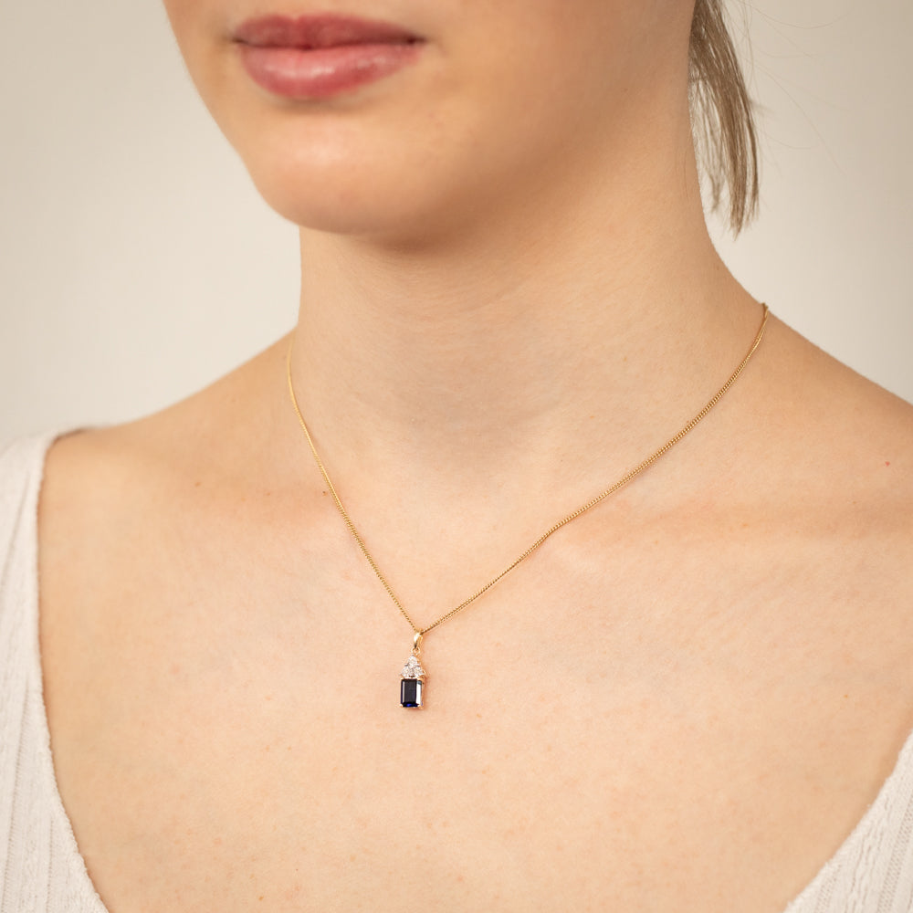 9ct Yellow Gold 7mm Created Sapphire and Diamond Pendant Necklace - Elegant Jewelry Gift for Women, Perfect for Weddings, Anniversaries and Special Occasions
