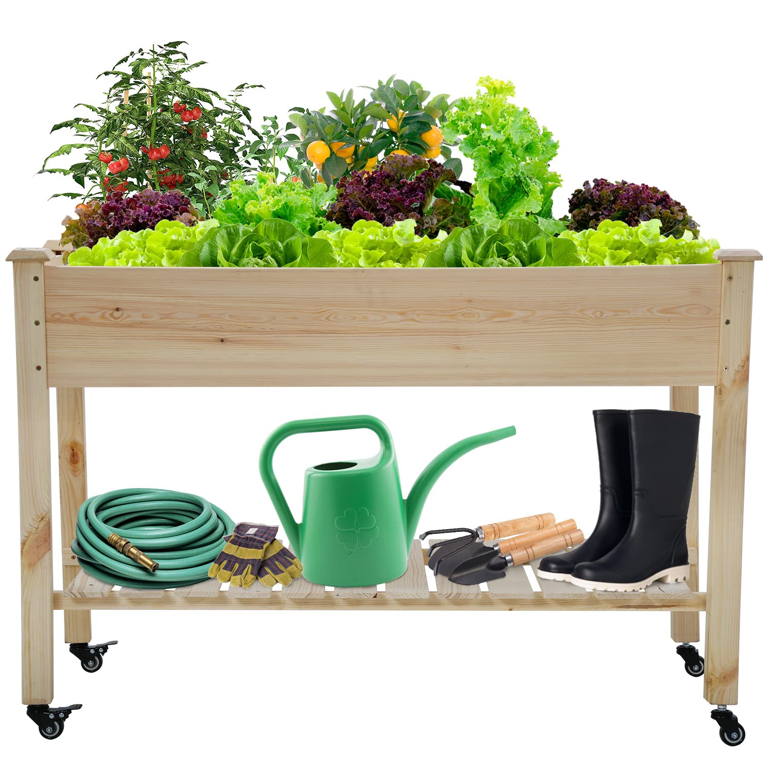 Elevated Raised Garden Bed Kit with Wheels & Shelf - Wood Planter Box with Legs for Outdoor Gardening, Patio, Backyard & Greenhouse - Perfect for Growing Vegetables, Herbs & Flowers